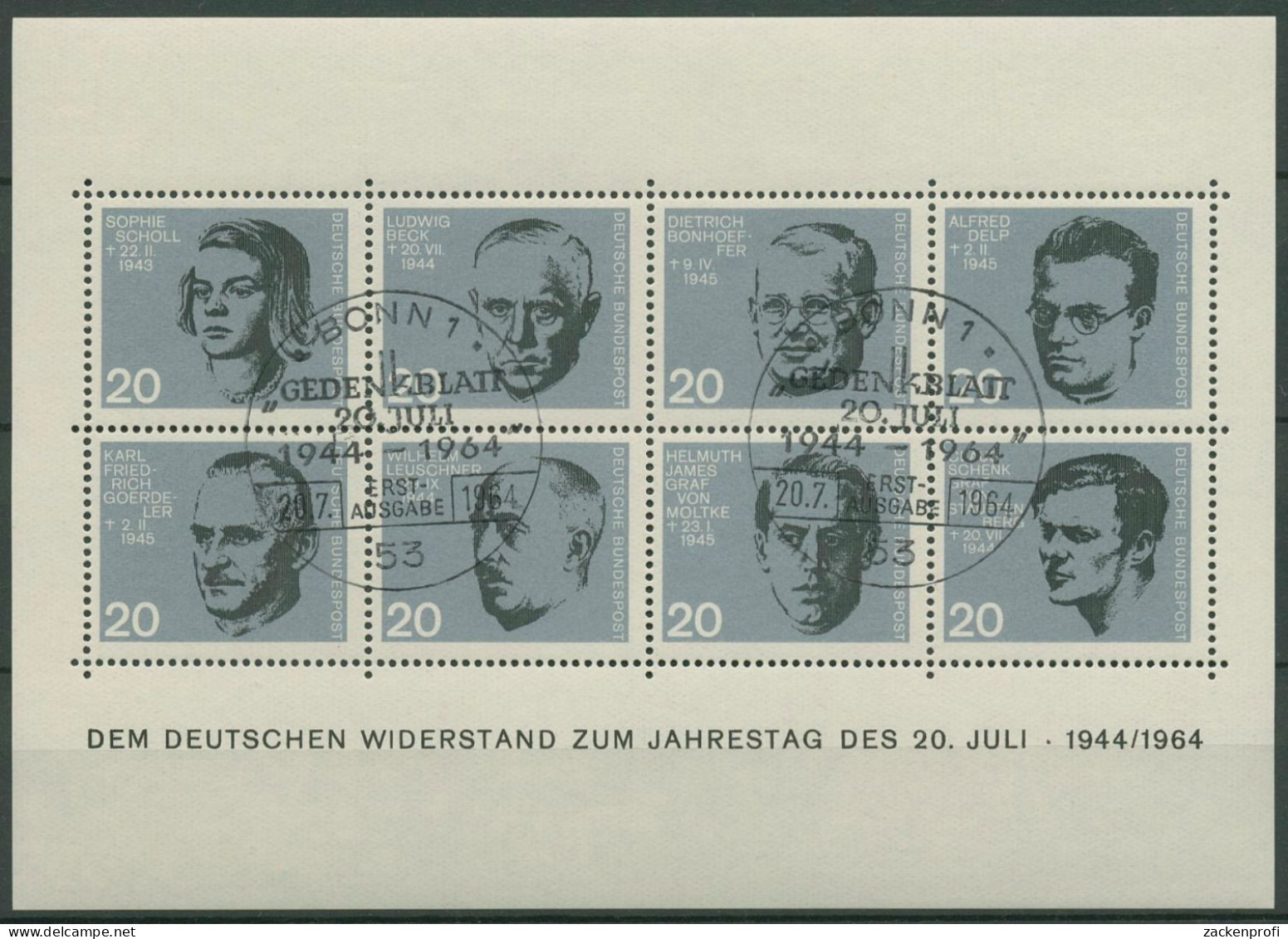 Bund 1964 Deutsche Widerstandskämpfer Block 3 ESST Bonn Gestempelt (C98604) - Andere & Zonder Classificatie