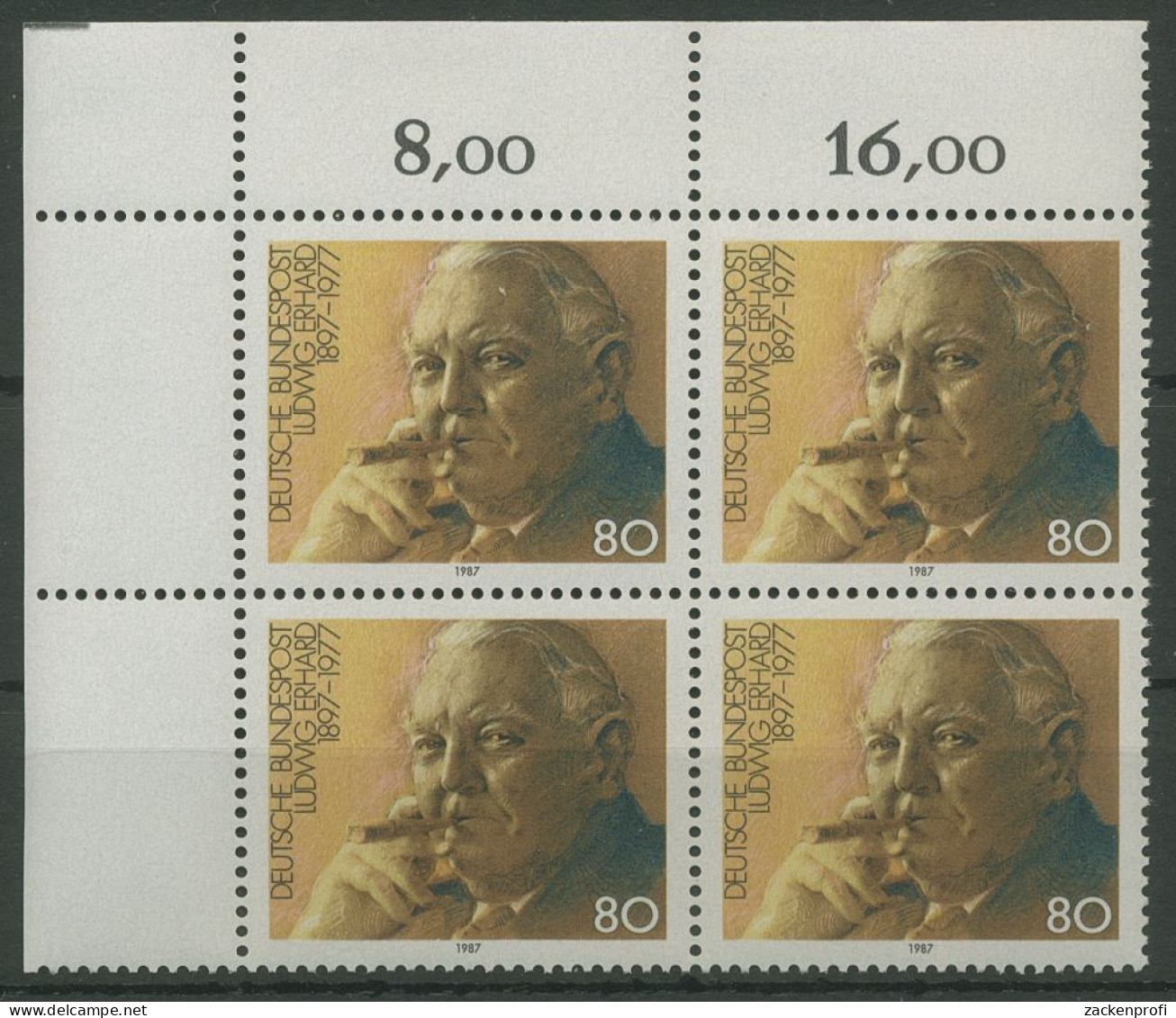 Bund 1987 Bundeskanzler Ludwig Erhard 1308 4er-Block Ecke 1 Postfrisch (R80182) - Unused Stamps
