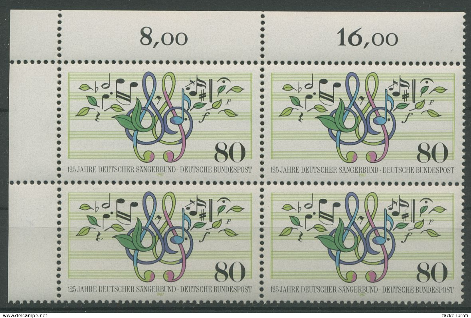 Bund 1987 Sängerbund Notenschlüssel 1319 4er-Block Ecke 1 Postfrisch (R80187) - Unused Stamps
