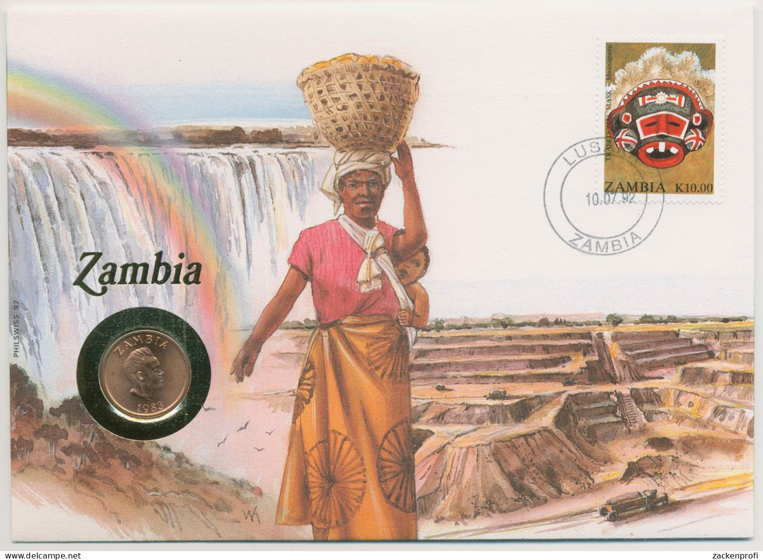 Sambia 1992 Bergbau Wasserfall Numisbrief 2 Ngwee (N340) - Sambia