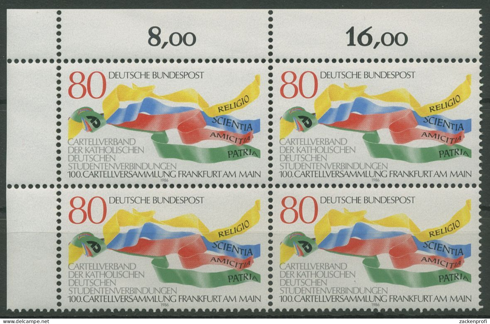 Bund 1986 Kath. Studentenverbindung 1283 4er-Block Ecke 1 Postfrisch (R80129) - Unused Stamps