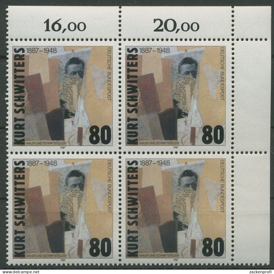 Bund 1987 Maler Kurt Schwitters 1326 4er-Block Ecke 2 Postfrisch (R80194) - Unused Stamps