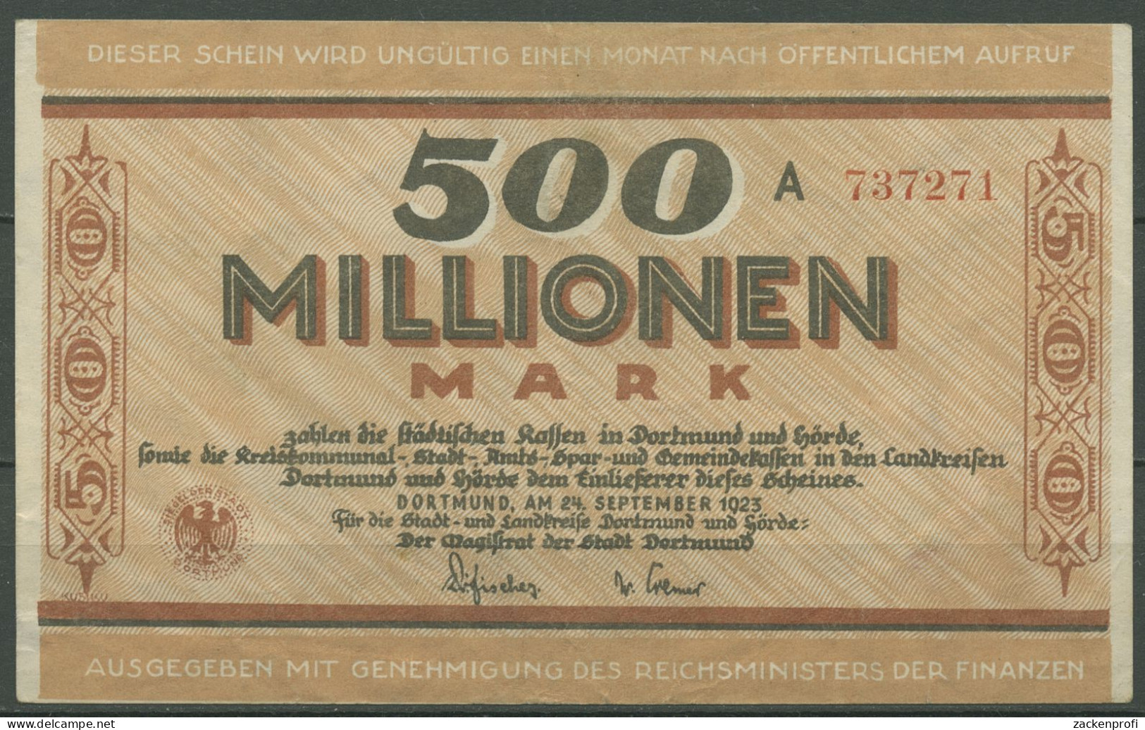 Dortmund 500 Millionen Mark 1923, Keller 1061 N, Gebraucht (K1123) - Autres & Non Classés