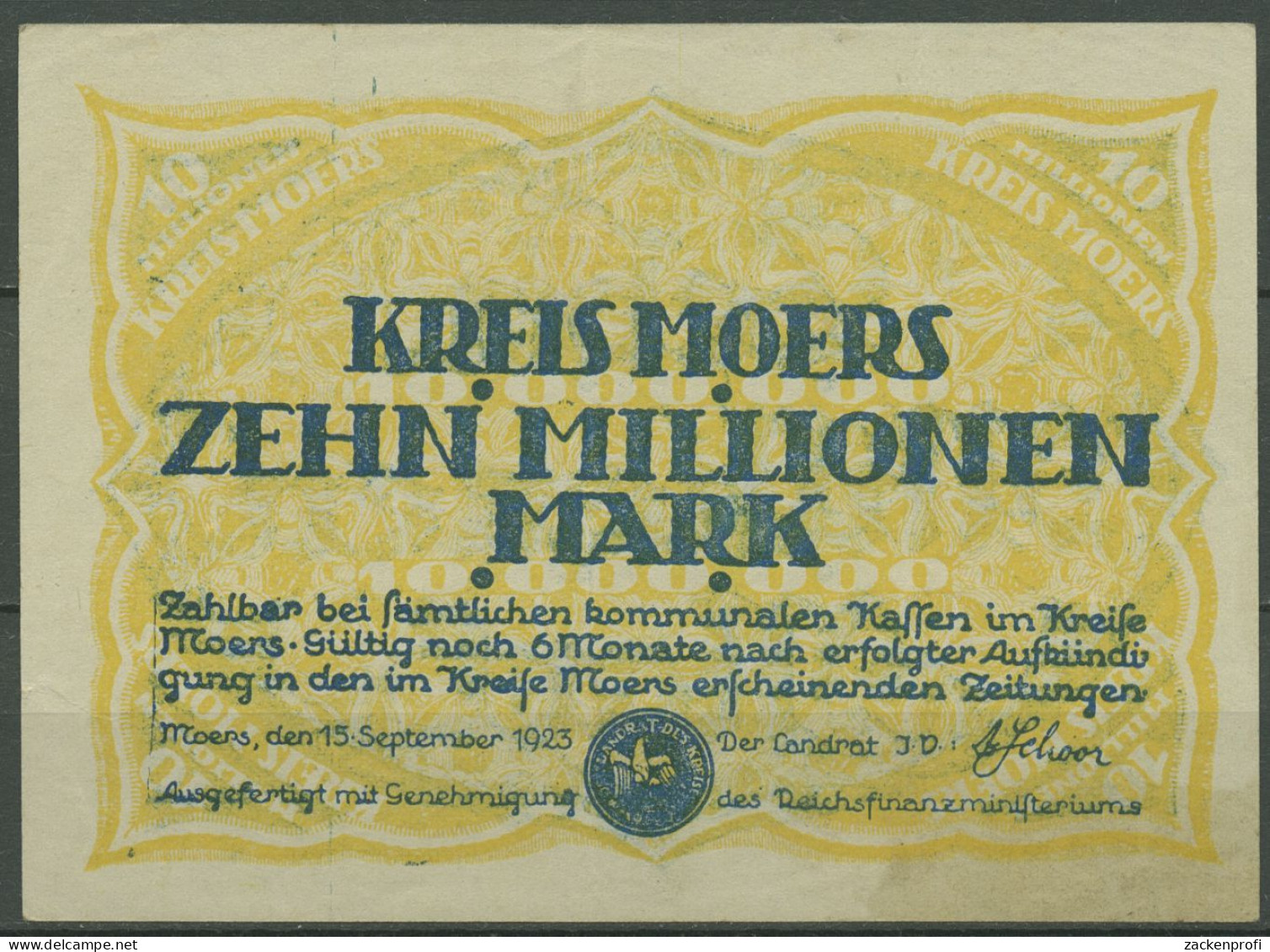 Moers Kreis 10 Millionen Mark 1923, Keller 3593 N, Gebraucht (K1121) - Autres & Non Classés