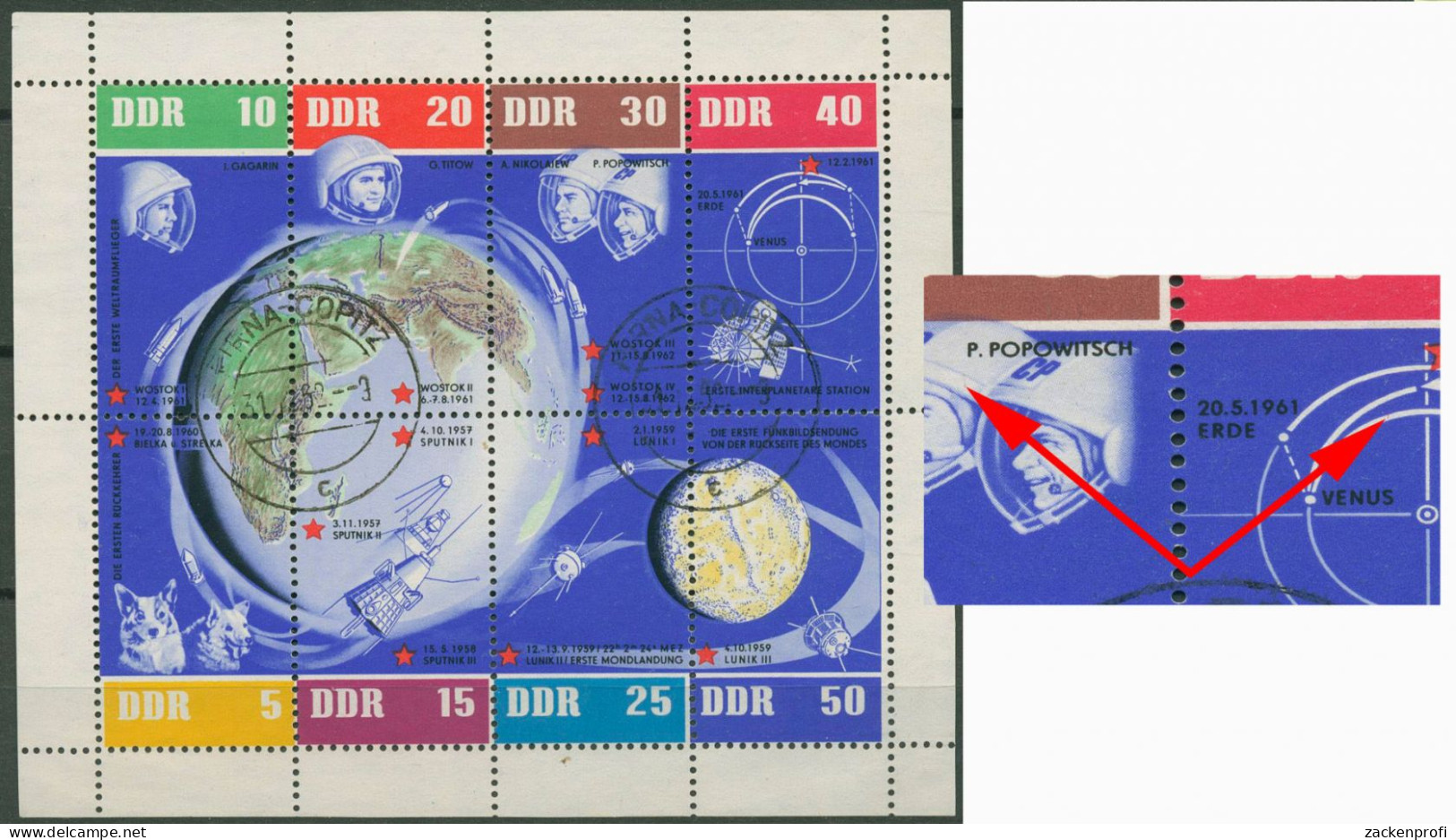 DDR 1962 Weltraumflüge Mit Plattenfehler 926/33 K (15 AV) Gestempelt (C80555) - Variétés Et Curiosités