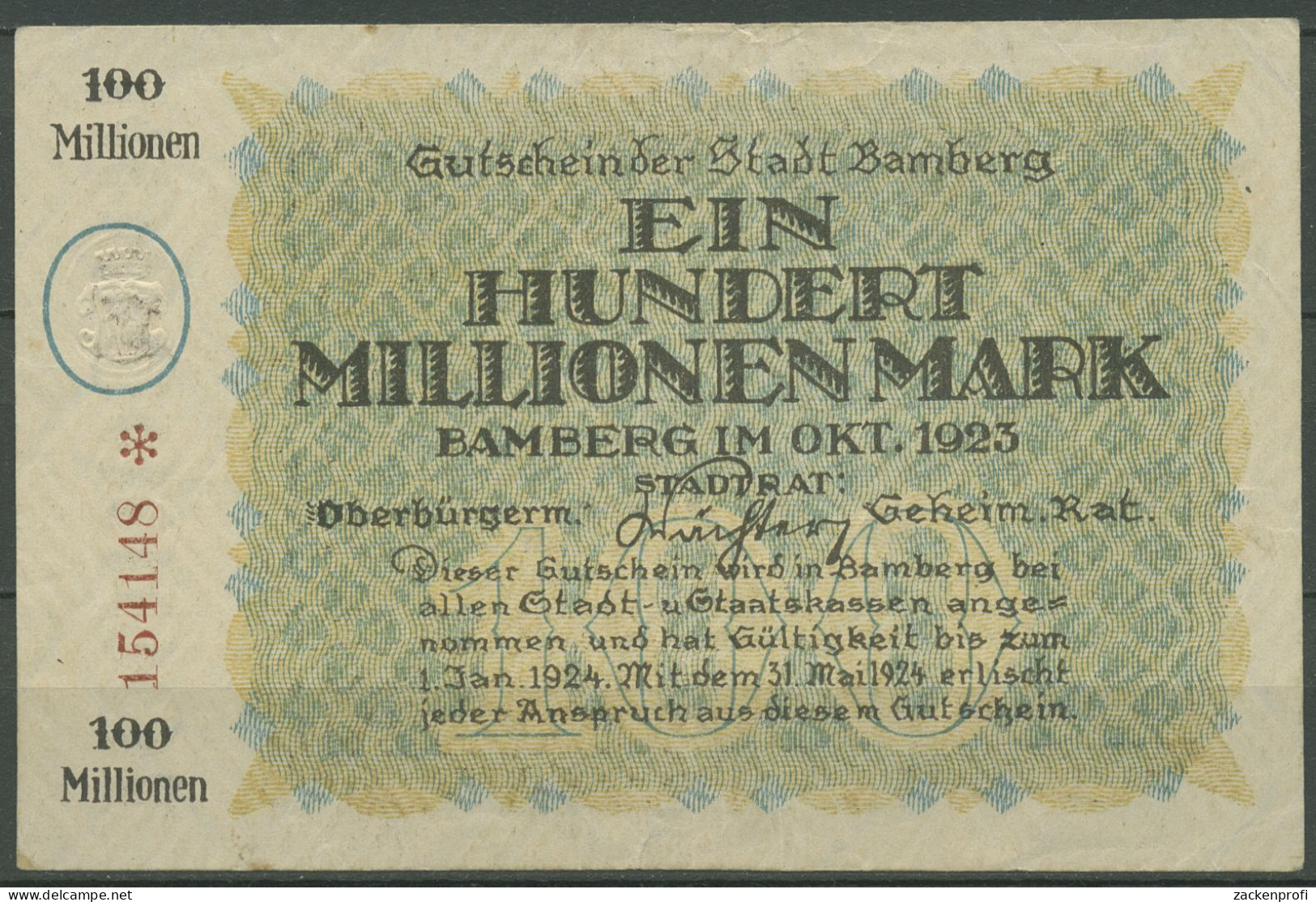 Bamberg 100 Millionen Mark 1923, Keller 225 C, Gebraucht (K1124) - Sonstige & Ohne Zuordnung