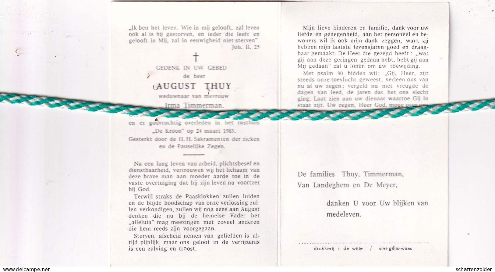 August Thuy-Timmerman, Sint-Gillis-Waas 1900, 1983 - Obituary Notices