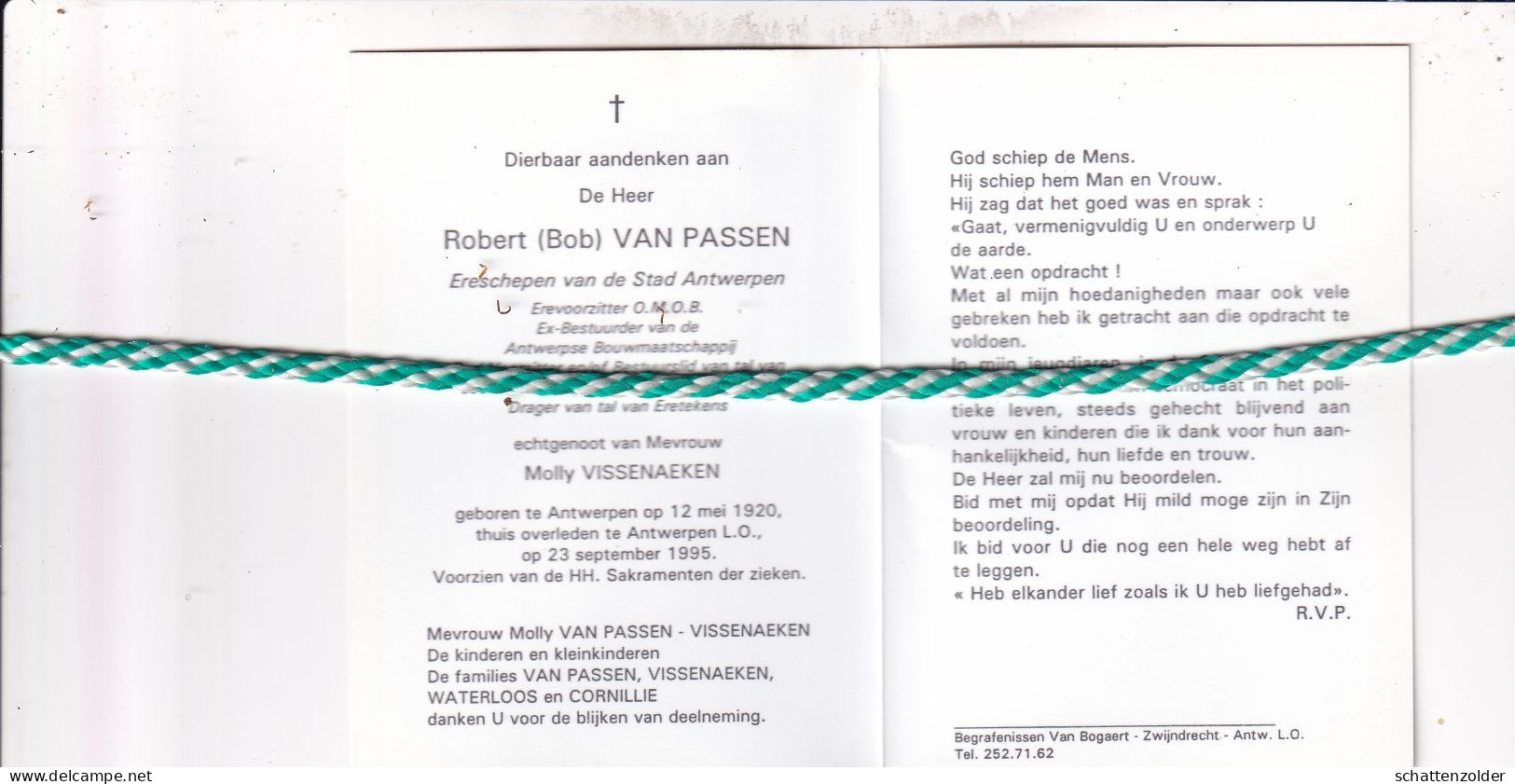 Robert (Bob) Van Passen-Vissenaeken, Antwerpen 1920, 1995. Ere Schepen Stad Antwerpen. Foto - Décès