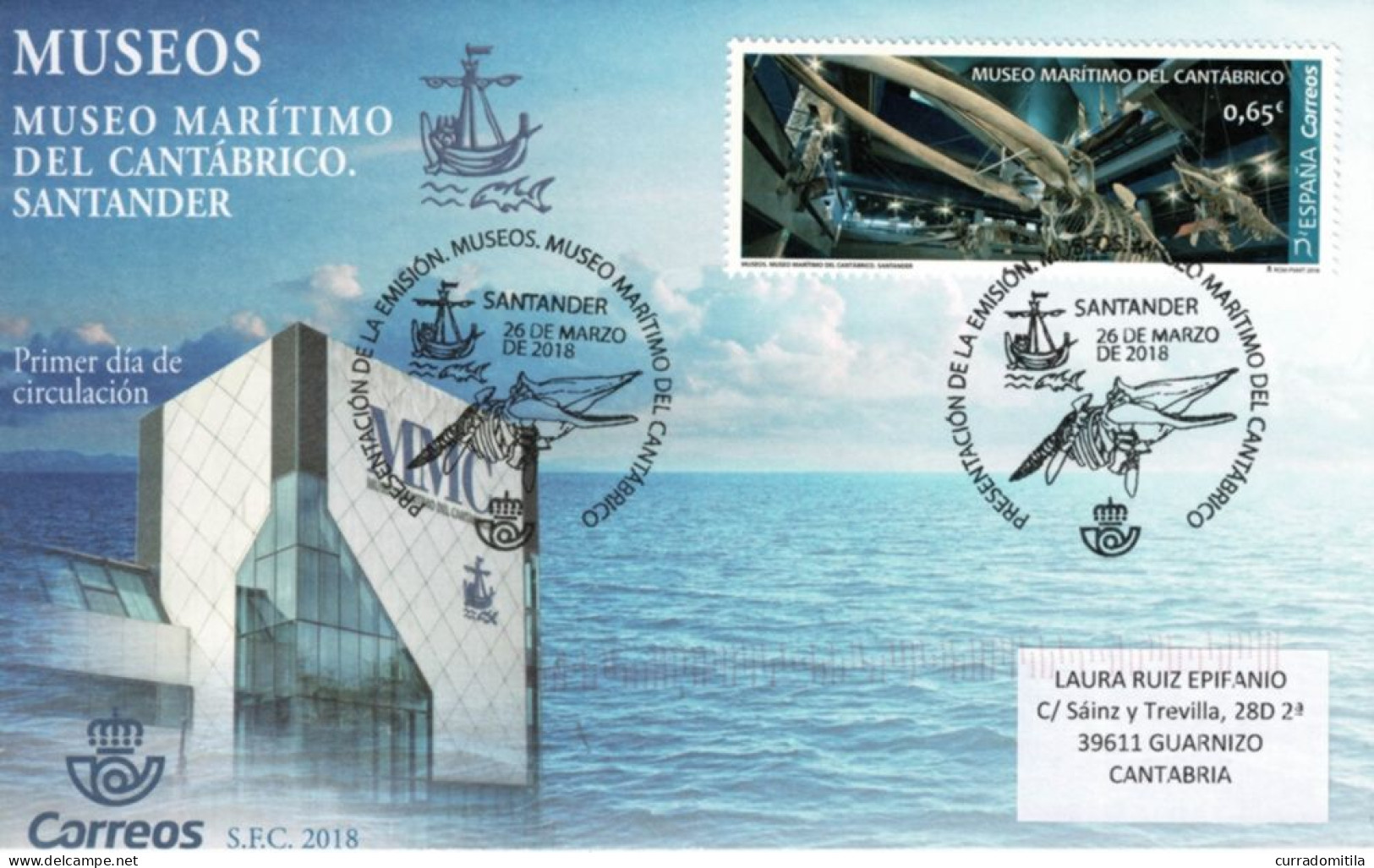 SPAIN. Circulated FDC From Santander With Maritime Museum Of Santander. Skeleton Of A Whale. Presentation Cachet - Baleines