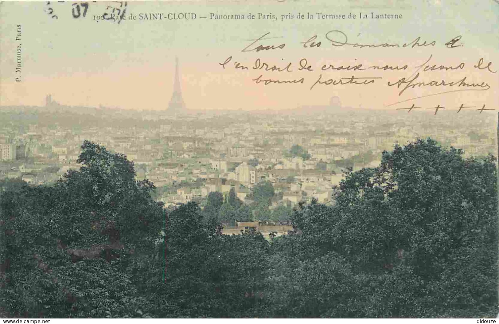 92 - Saint Cloud - Panorama De Paris Pris De La Terrasse De La Lanterne - Colorisée - Correspondance - CPA - Oblitératio - Saint Cloud