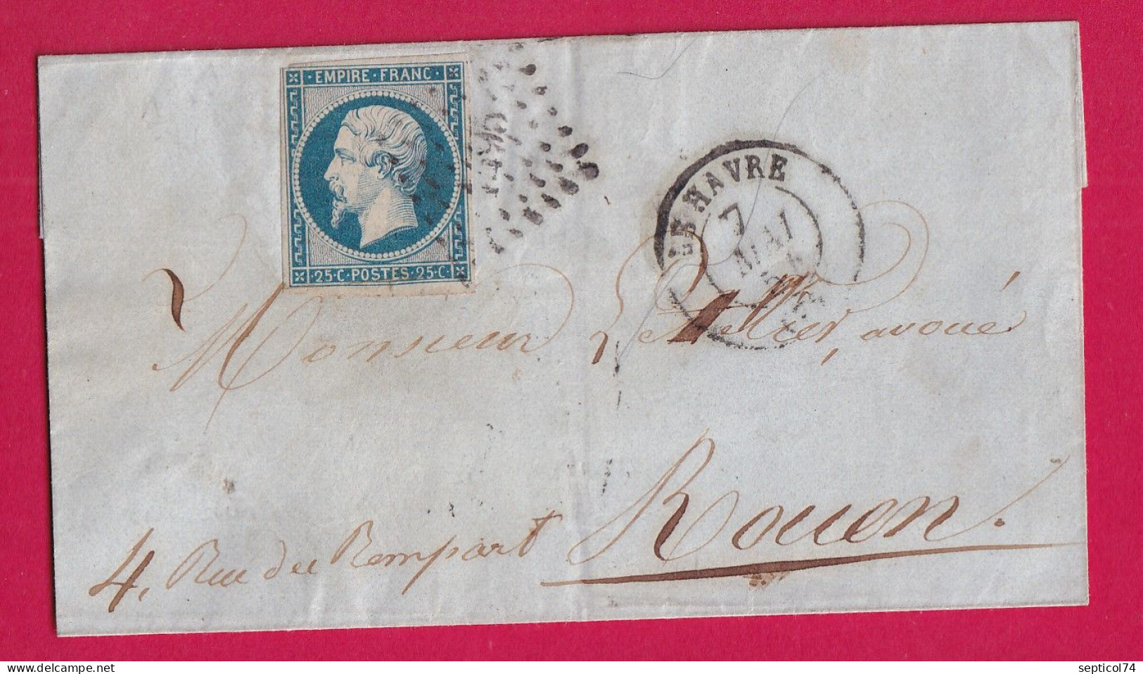 N°15 PC 1495 LE HAVRE 7 MAI 1854 POUR ROUEN SEINE INFERIEURE AU DOS LIGNE DU HAVRE LETTRE - 1849-1876: Klassik