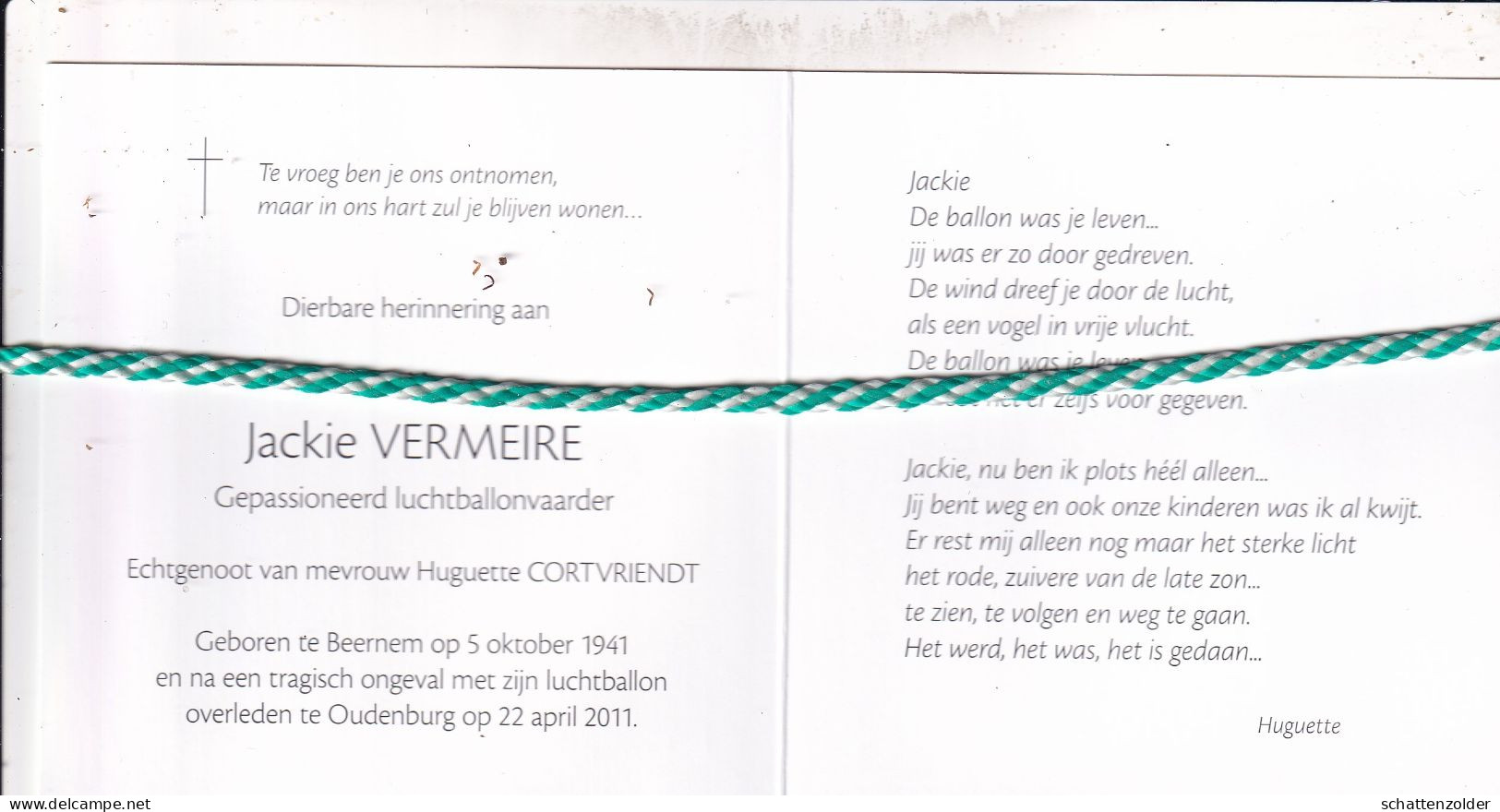 Jackie Vermeire-Cortvriendt, Beernem 1941, Ongeval Luchtballon Oudenburg 2011. Luchtballonvaarder. Foto - Décès