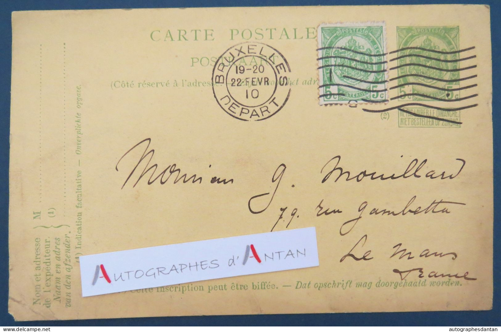 ● Entier Postal 1910 BELGIQUE Bruxelles > France Le Mans M. Mouillard Timbres 5c Dont 1 Imprimé - 79 Rue Gambetta - Cartes Postales 1909-1934