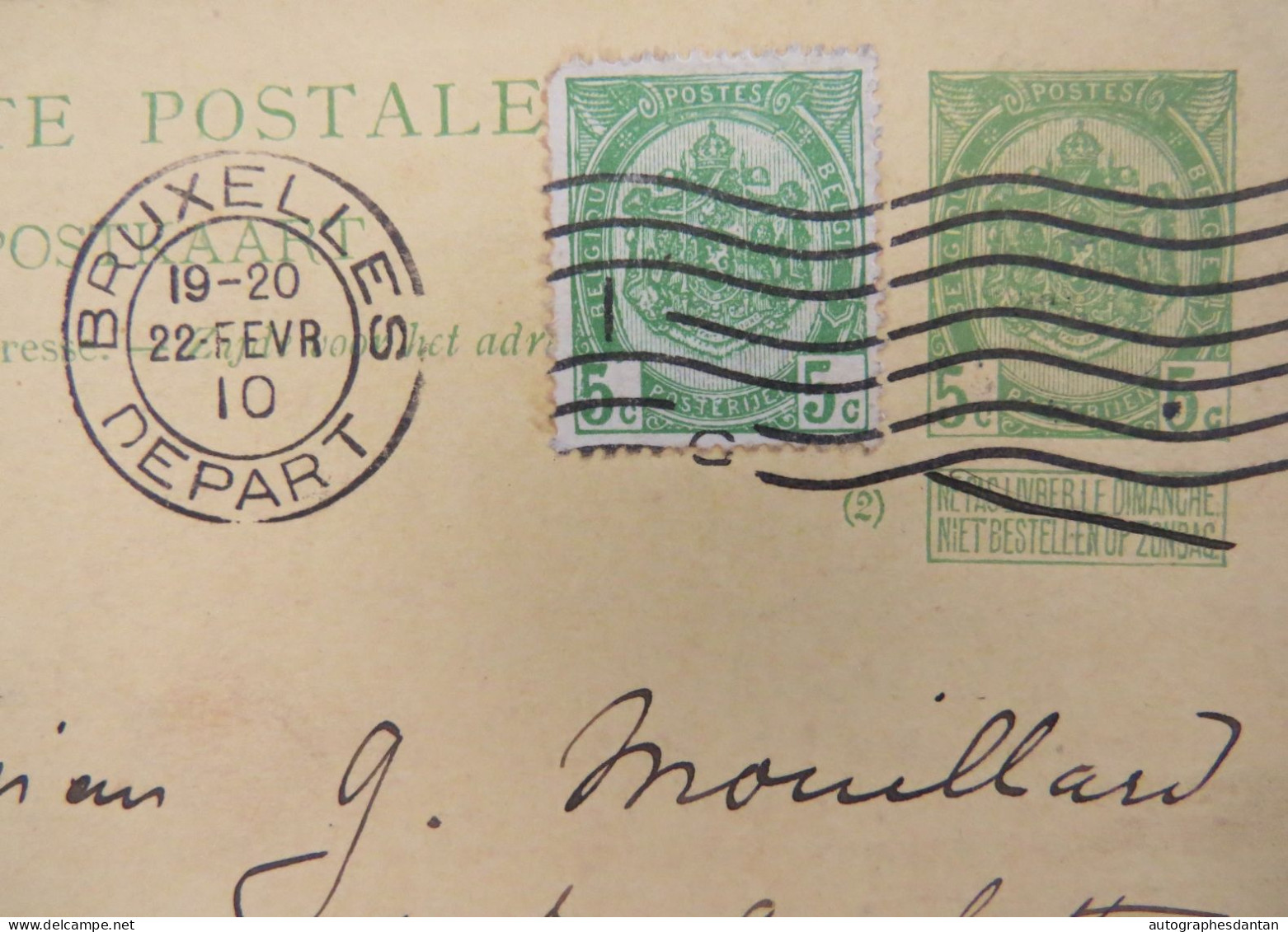 ● Entier Postal 1910 BELGIQUE Bruxelles > France Le Mans M. Mouillard Timbres 5c Dont 1 Imprimé - 79 Rue Gambetta - Postcards 1909-1934