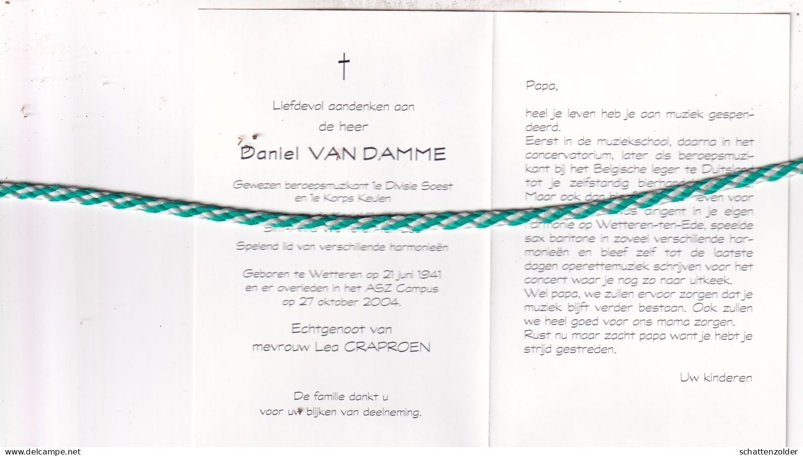 Daniel Van Damme-Craproen, Wetteren 1941, 2005. Gewezen Beroepsmuzikant. Foto - Décès