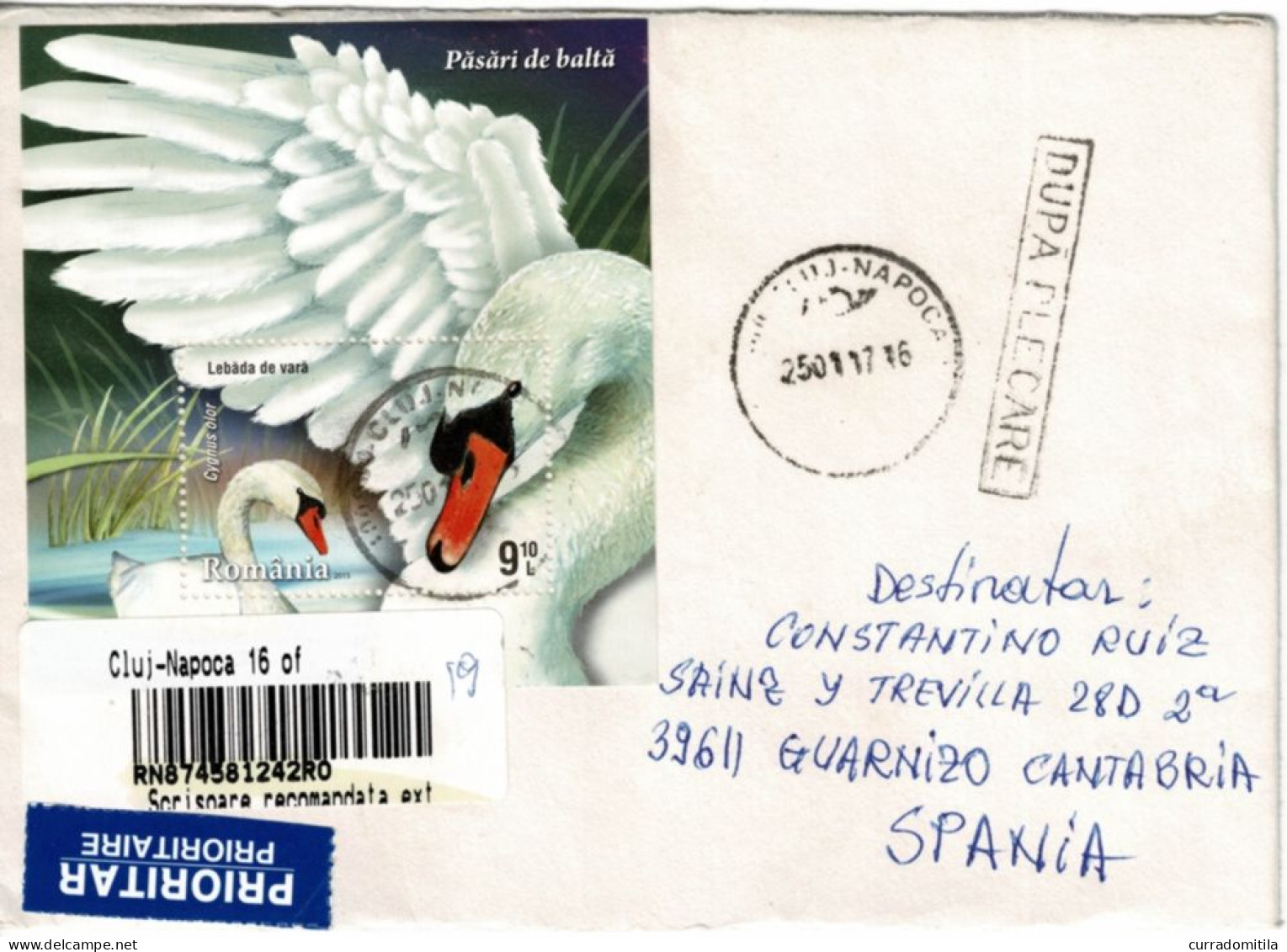 ROMANIA. Registered Cover With Swan Block. Storch, Cigogne - Cranes And Other Gruiformes