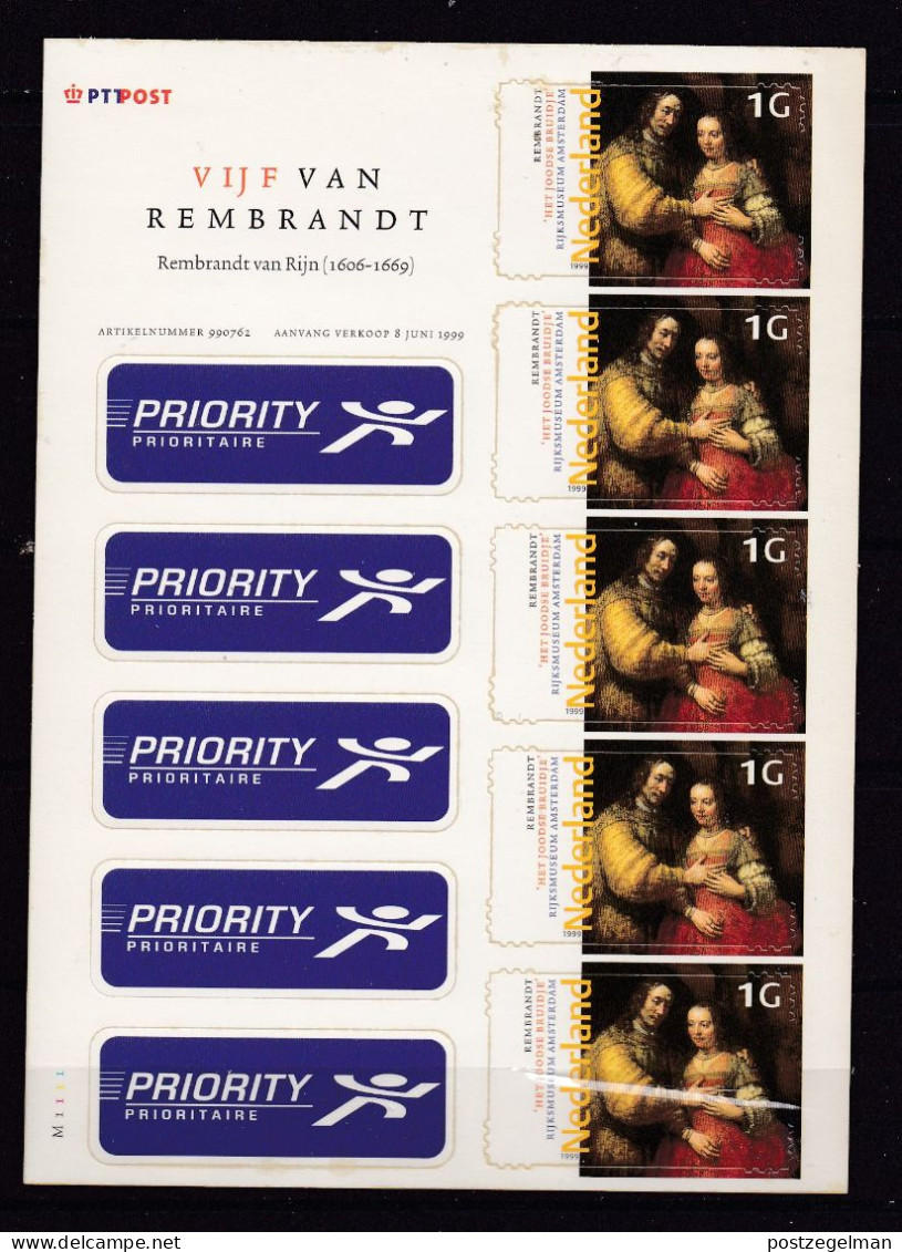 NEDERLAND, 1999, Mint Never Hinged, Stamp In Strip Of 5, Rembrandt, NVPH Nr. V1836, Scannr. 21124 - Blocs