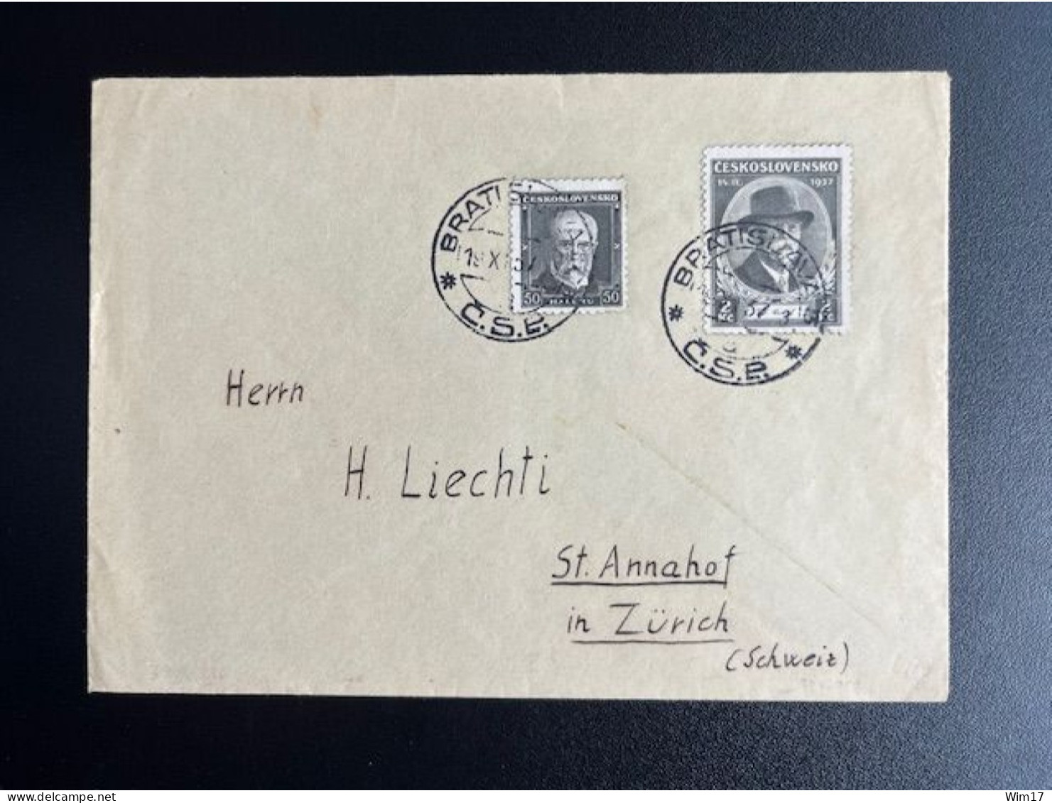 CZECHOSLOVAKIA 1937 LETTER BRATISLAVA TO ZURICH 19-11-1937 CESKOSLOVENSKO - Lettres & Documents