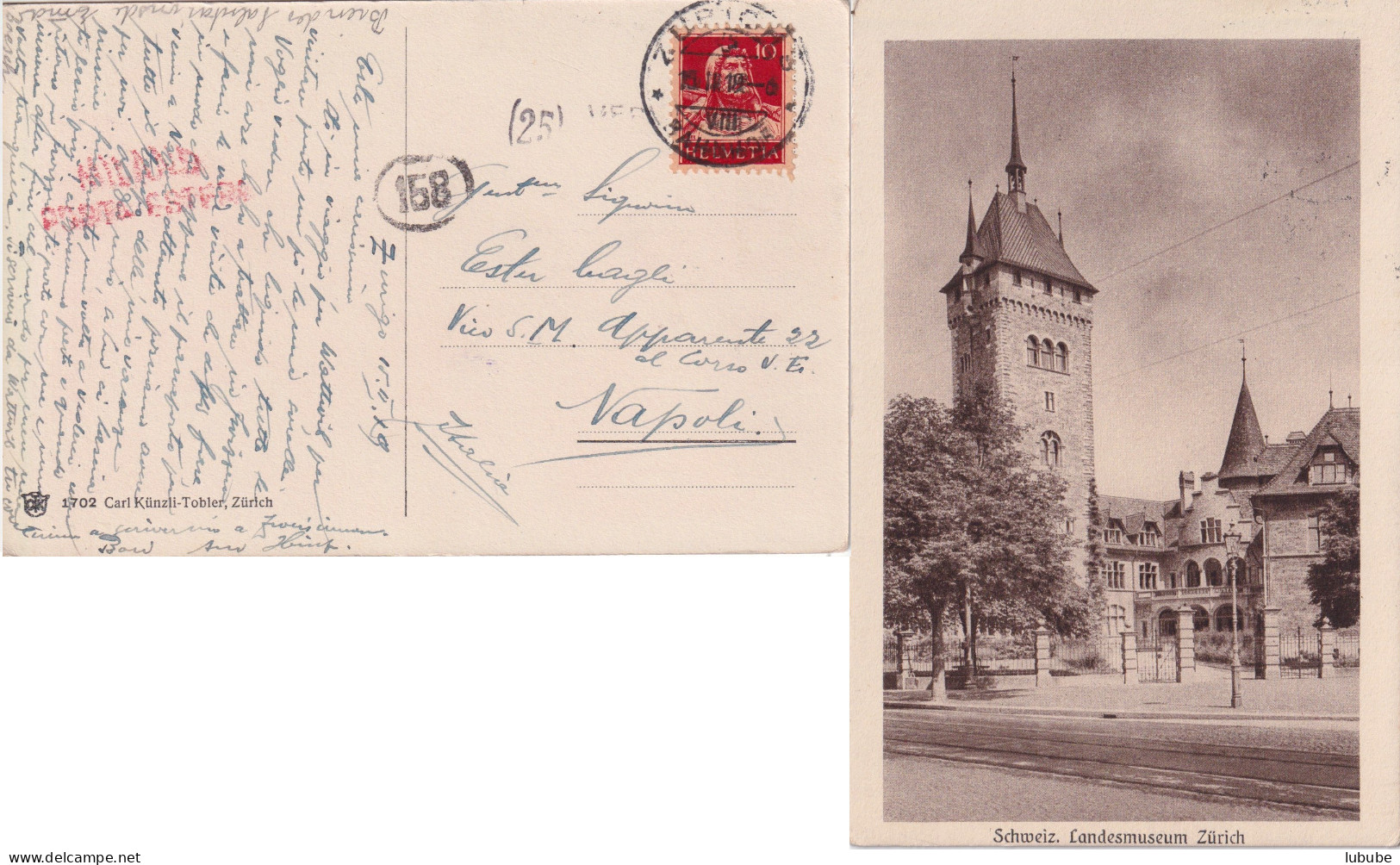 Zensur AK  "Zürich - Schweiz. Landesmuseum" - Napoli        1919 - Cartas & Documentos