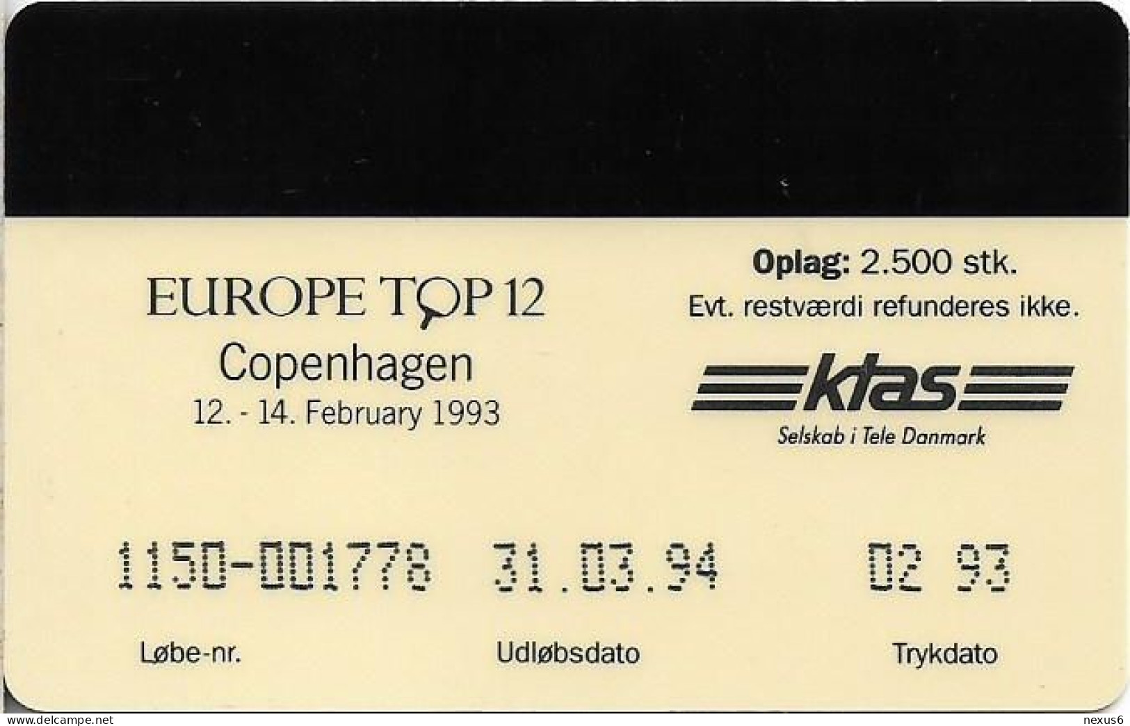 Denmark - KTAS - Europe Top 12 - TDKS009 - 02.1993, 50kr, 2.500ex, Used - Denmark