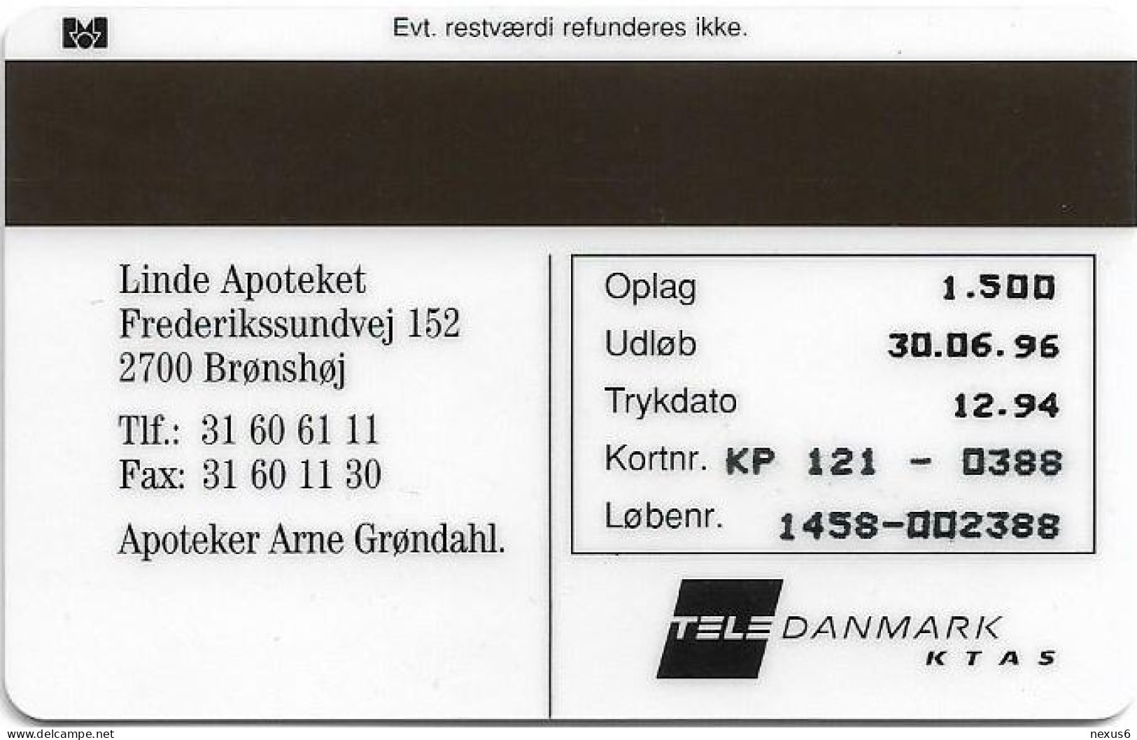 Denmark - KTAS - Linde Pharmacy - TDKP121 - 12.1994, 10kr, 1.500ex, Used - Denemarken