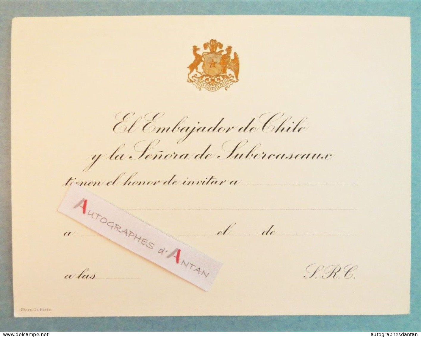● Embajador De CHILE & Senora De SUBERCASEAUX - Carton Vierge D'invitation Gravé Par Stern - Ambassade CHILI - Documents Historiques