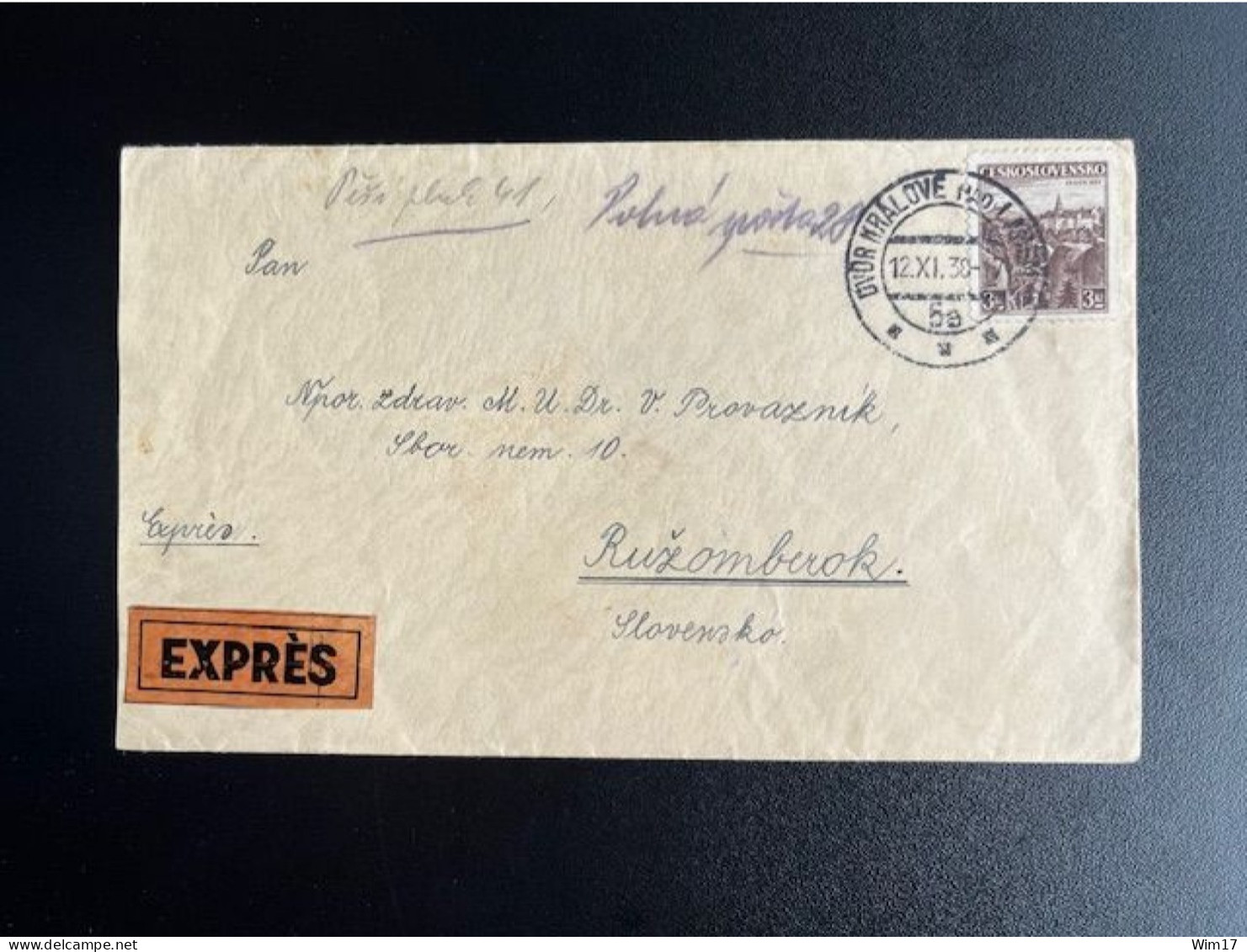 CZECHOSLOVAKIA 1938 EXPRESS LETTER DVUR KRALOVE NAD LABEM TO RUZOMBEROK 12-11-1938 CESKOSLOVENSKO EXPRES - Cartas & Documentos
