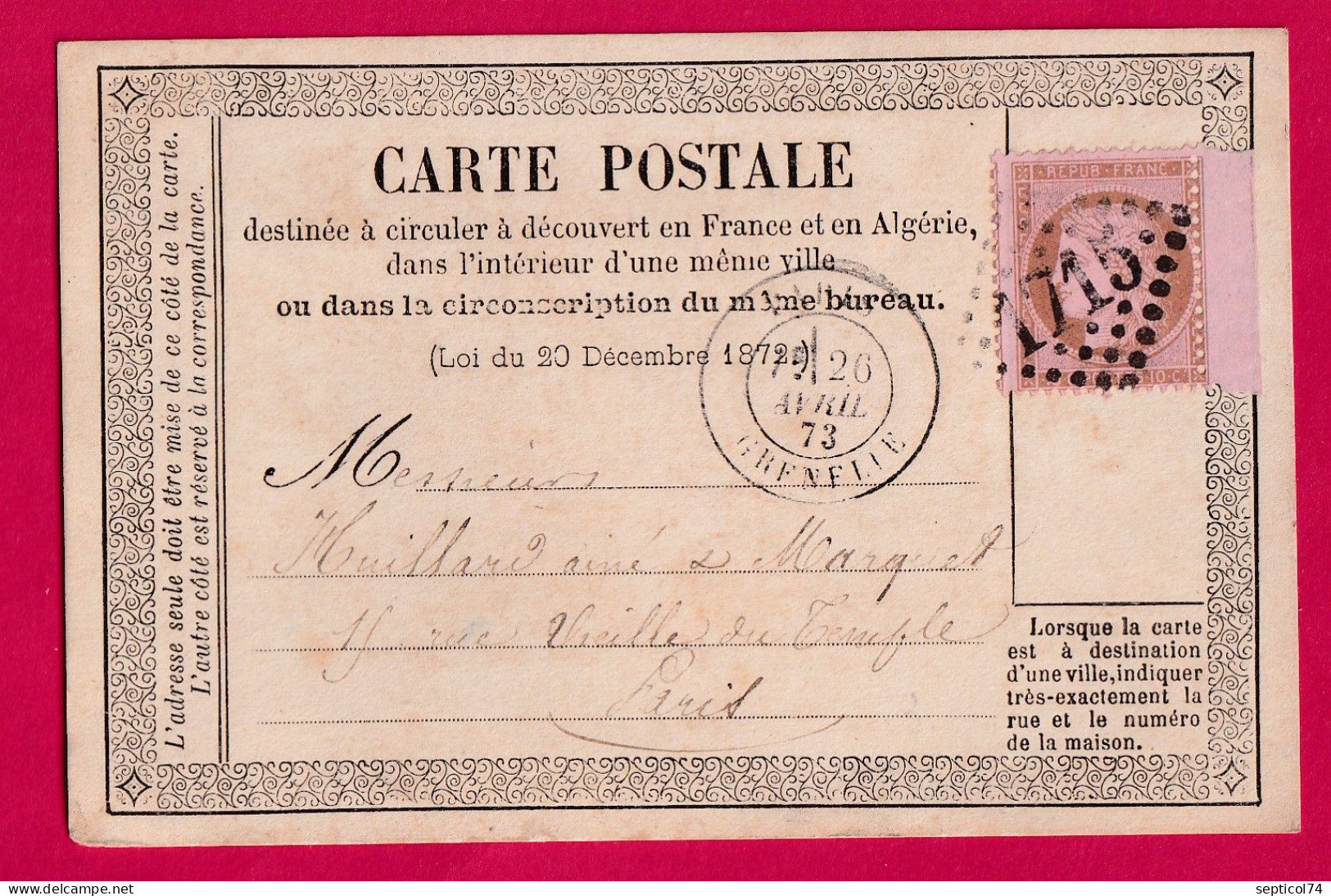 N°58 BDF GC 1715 PARIS GRENELLE CARTE PRECURSEUR N°1 POUR PARIS LETTRE - 1849-1876: Période Classique