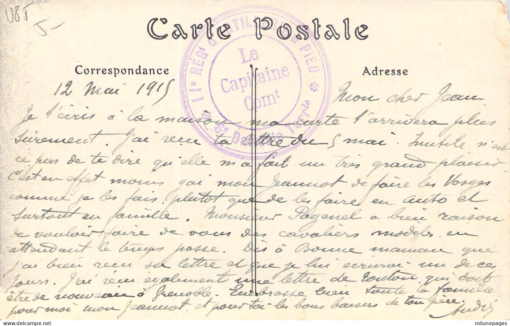Cachet Double Cercle De Franchise Militaire Capitaine Commandant Le 11ème Régiment D'Artillerie à Pied Mai 1915 - Guerra De 1914-18