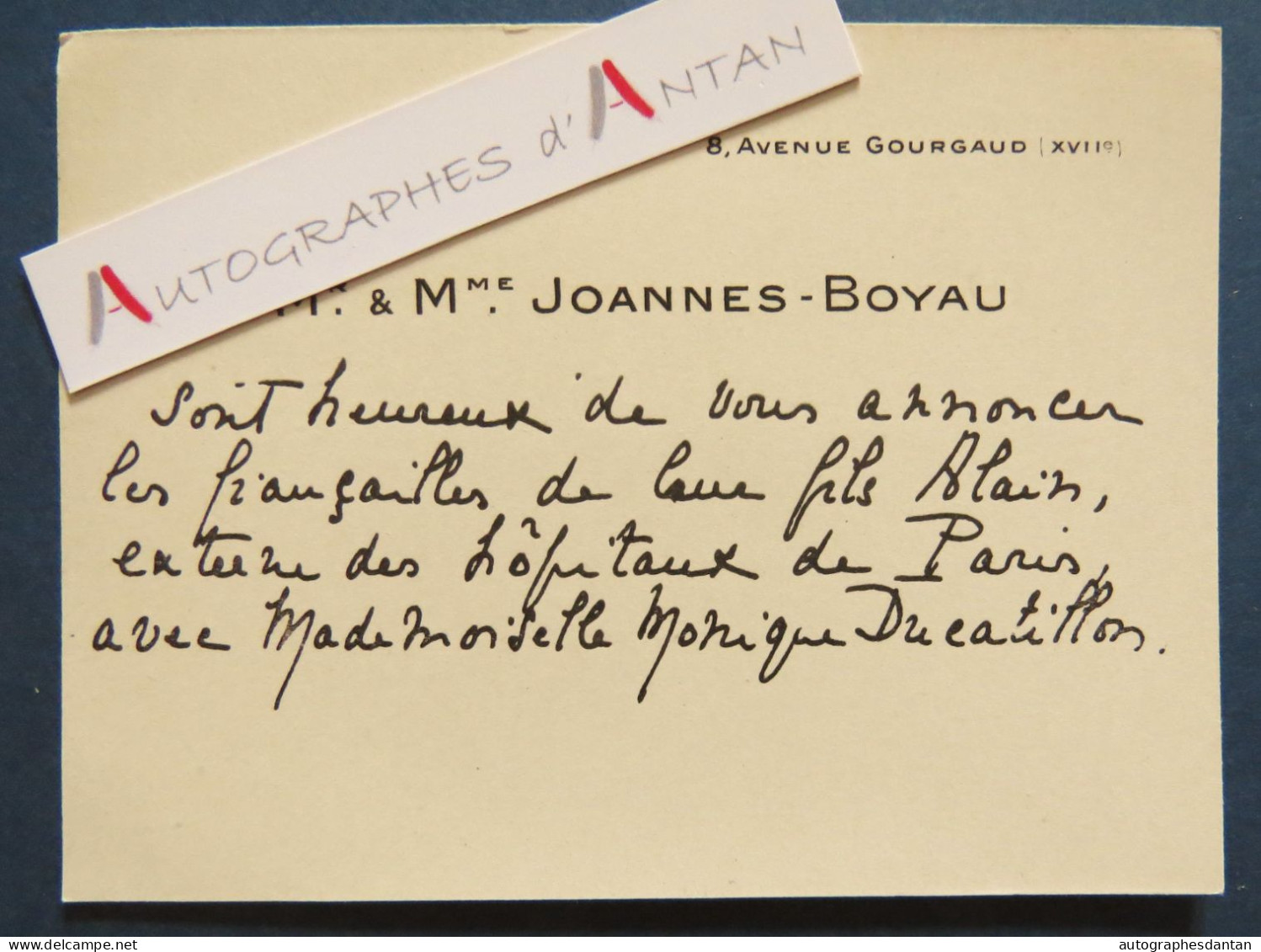 ● CDV M & Mme JOANNES-BOYAU Fiançailles De Leur Fils Avec Mlle Monique DUCATILLON 8 Avenue Gourgaud Faire Part - Visiting Cards