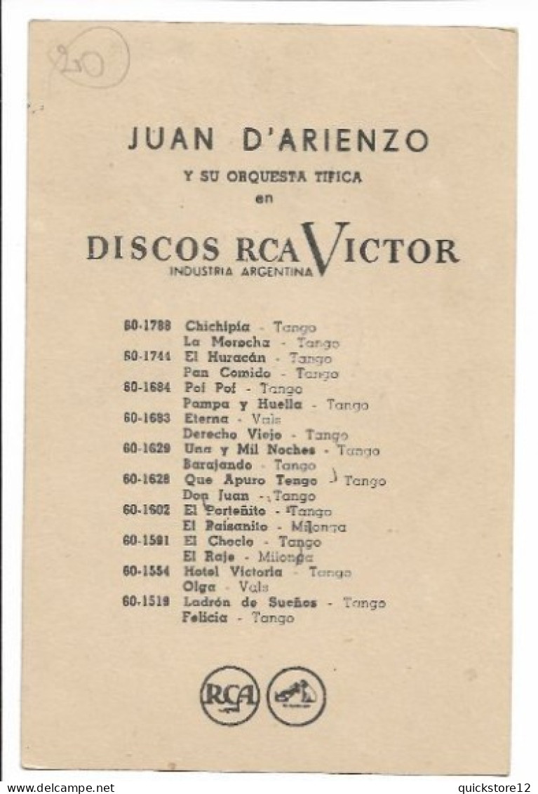 Juan D'Arienzo  - Discos Rca Victor  - 7481 - Werbepostkarten