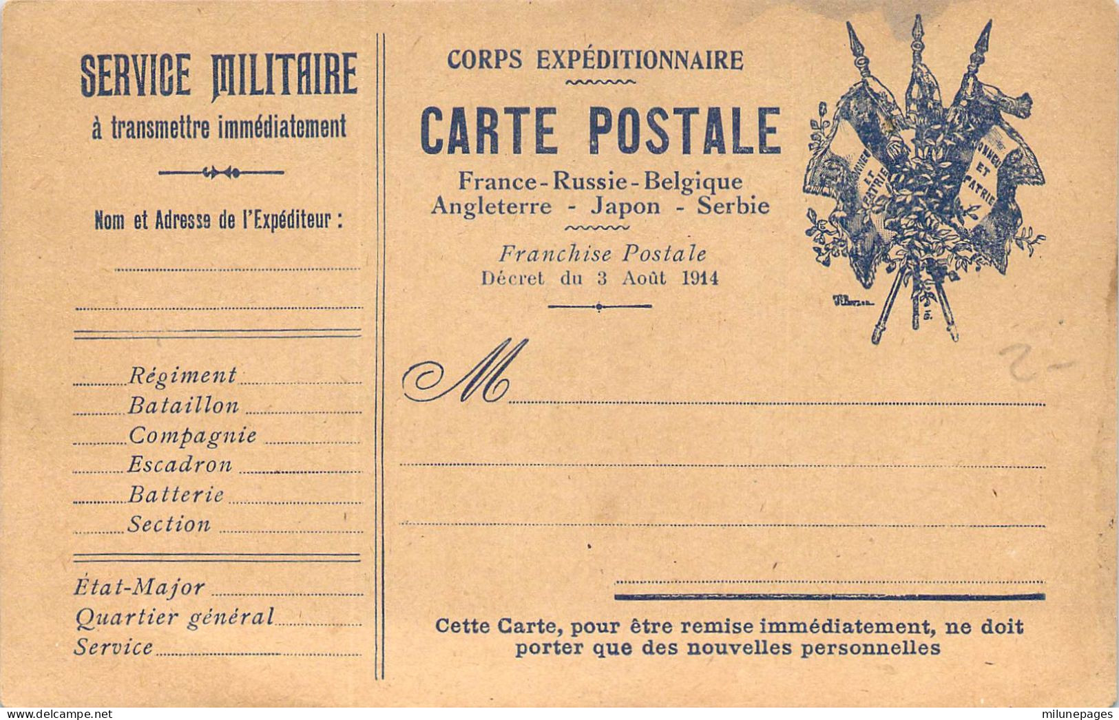 Carte Postale En Franchise Militaire Du Corps Expéditionnaire Russie Belgique Angleterre Japon Serbie 1914 - Oorlog 1914-18