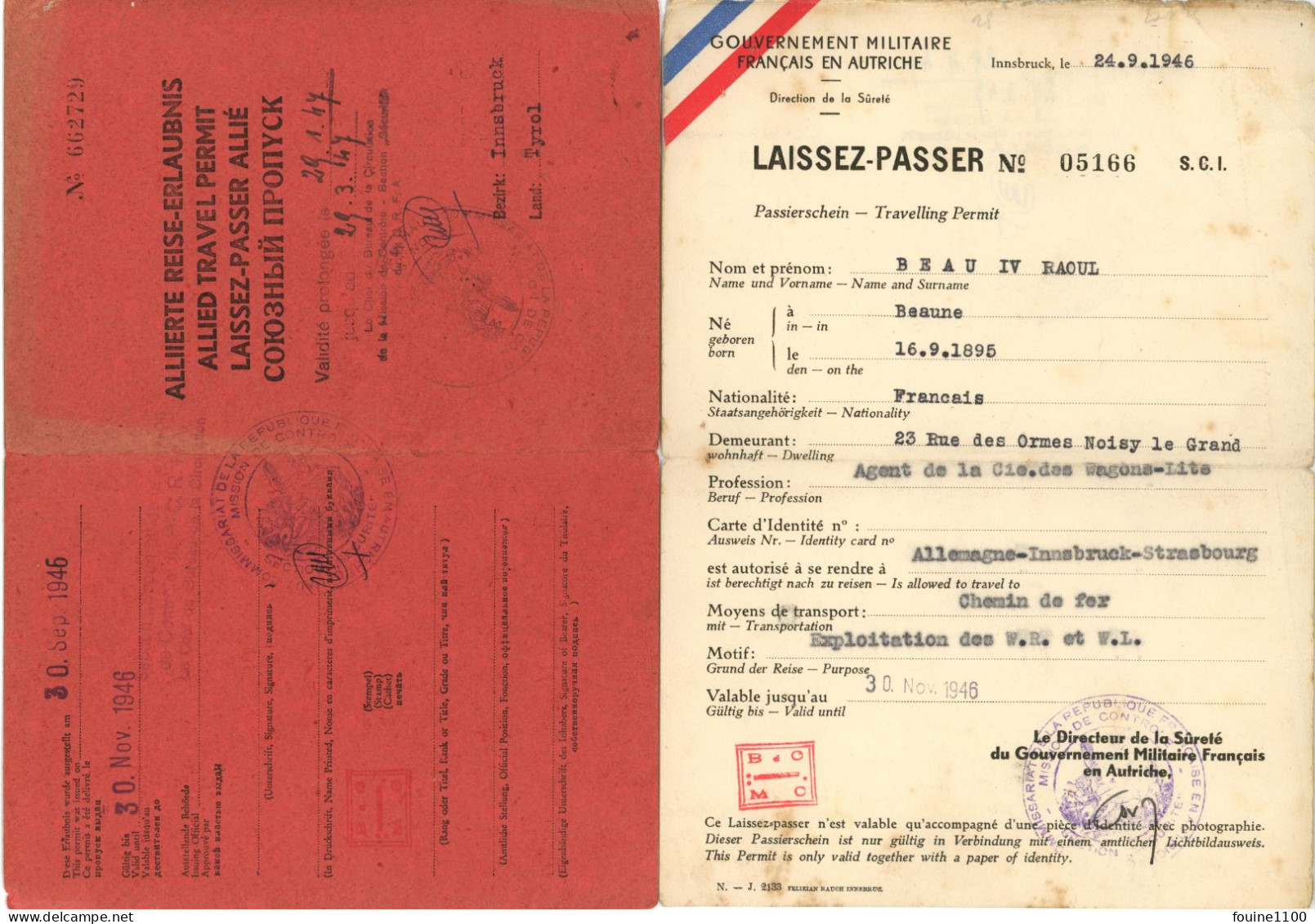 LAISSEZ PASSER ALLIE Gouvernement Militaire FRANCAIS AUTRICHE Innsbruck Année 1946 ( Personne De Noisy Le Grand ) - Documents