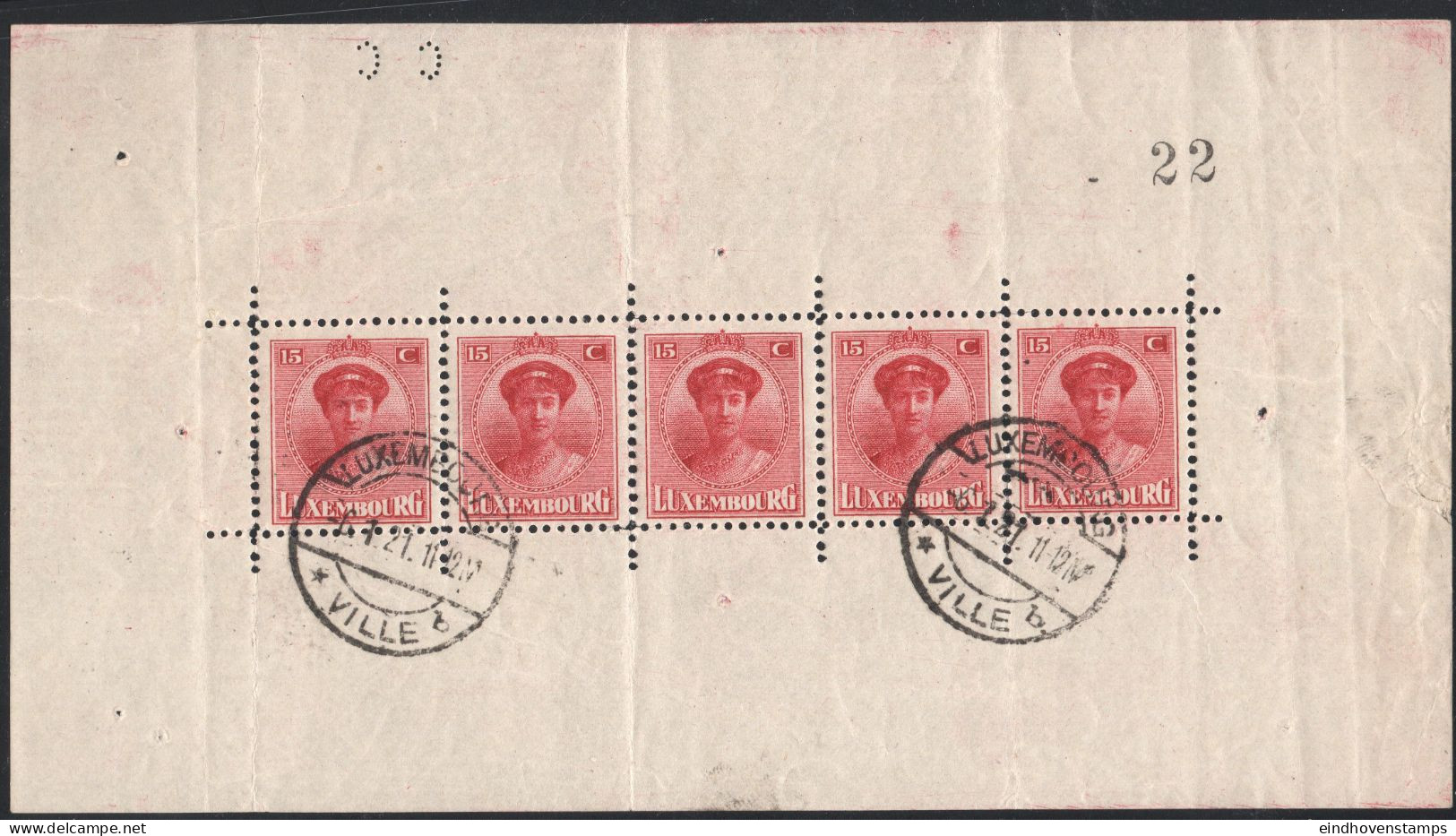 Luxemburg 1921 Jan 6 Minisheet Of 5 Stamps Charlotte FDC Cancel Folds And Usual Wrinkles Outside The Stamps - 1921-27 Charlotte Front Side