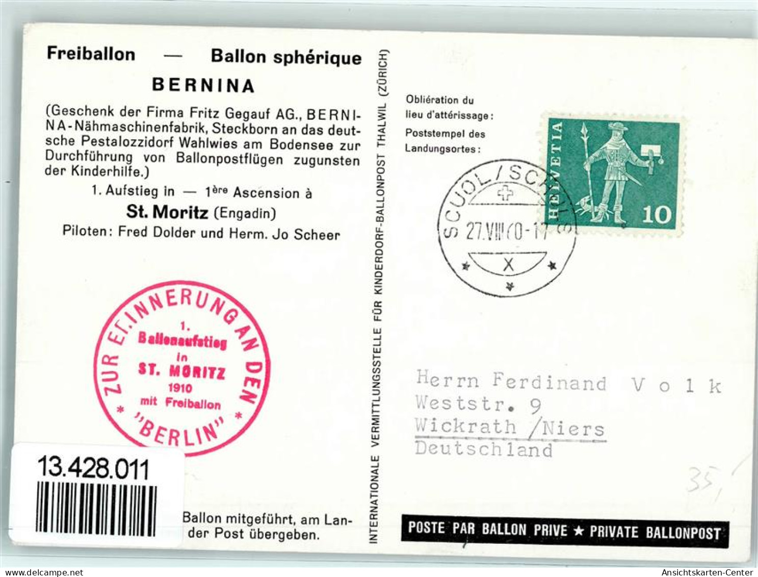 13428011 - Bernina  Erinnerung 1. Ballonaufstieg In St. Moritz  1910 - Balloons