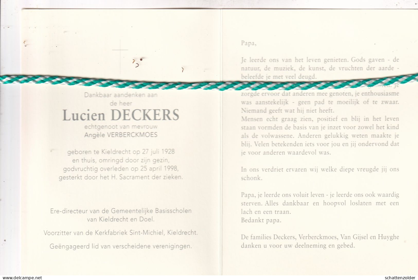 Lucien Deckers-Verberckmoes, Kieldrecht 1928, 1998. Ere Schooldirecteur Kieldrecht En Doel. Foto - Todesanzeige