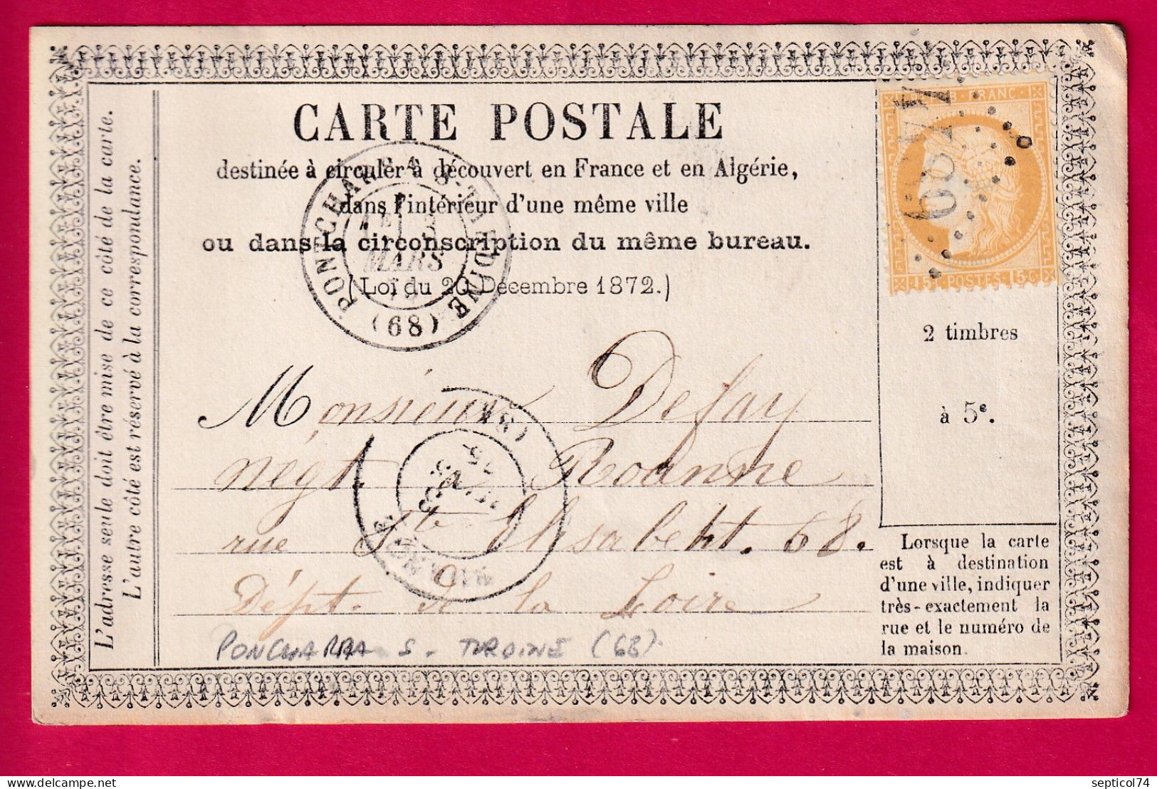 N°55 GC4489 PONCHARA SUR THROINE RHONE CARTE PRECUESEUR N°1 POUR ROANNE LETTRE - 1849-1876: Klassieke Periode