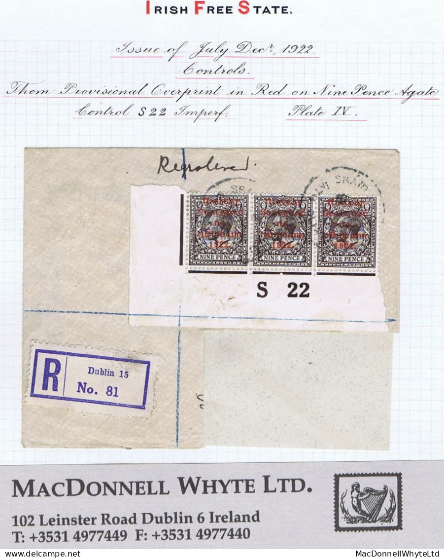 Ireland 1922 Thom Rialtas 5-line Ovpt On 9d Agate, Control S22 Imperf, In Strip Of 3 On Part Dr. Reilly Cover - Gebraucht