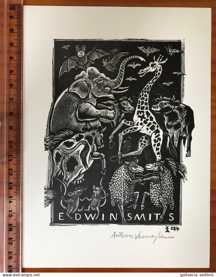 Ex-libris Vermeylen Chauve-souris Vache Éléphant Mouton Girafe. Exlibris Vermeylen. Mouse Bat Cow Elephant Sheep Giraffe - Ex-libris