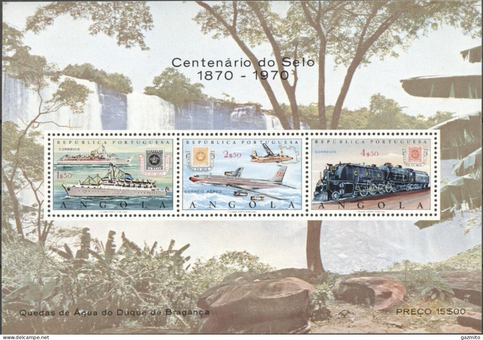 Angola 1970, 100th Anniversary Of Angolan Stamps, Locomotive, Ships, Block - Timbres Sur Timbres