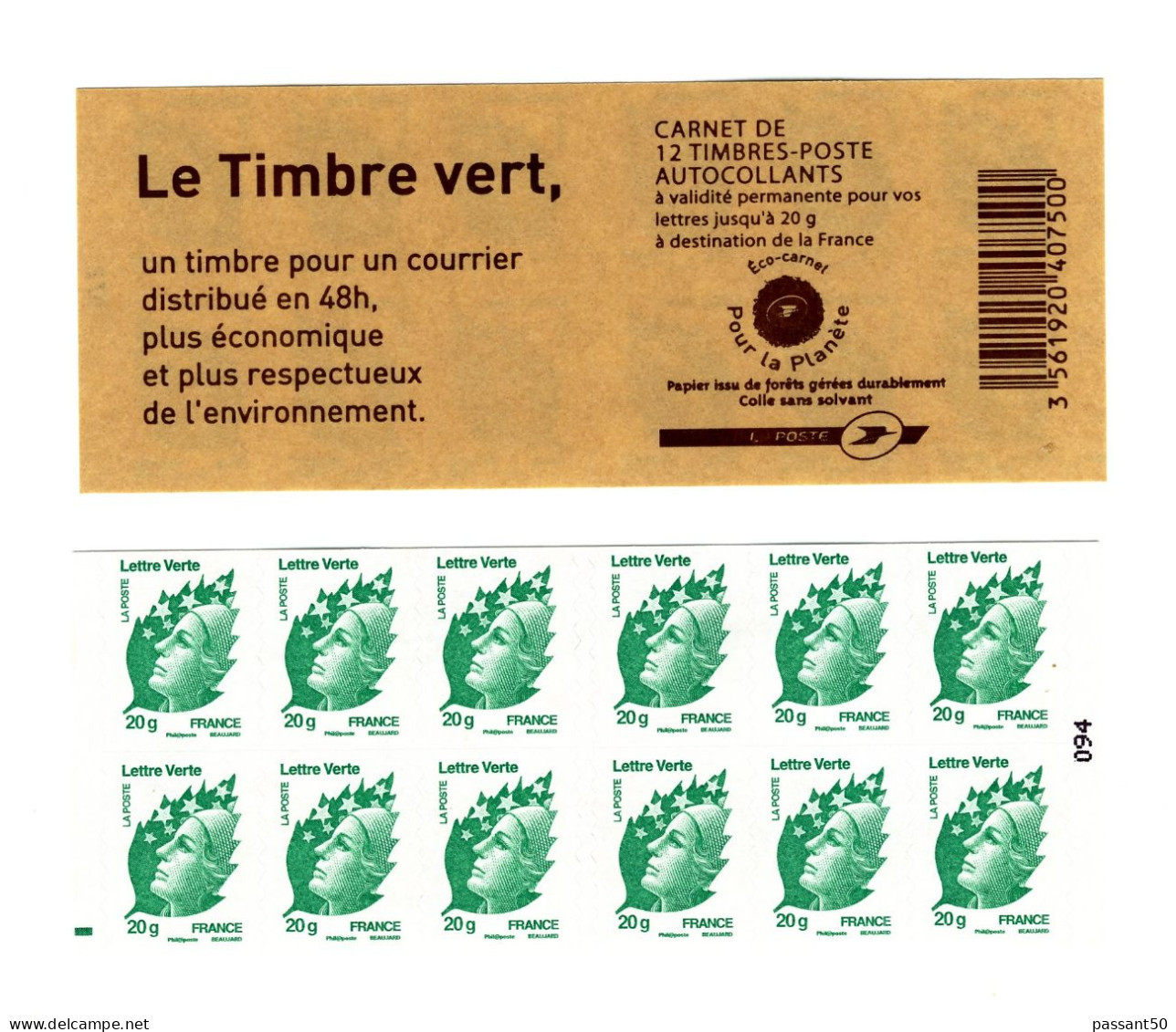 Carnet Beaujard "Le Timbre Vert" YT 604-C1 Avec Repère électronique Vert à Gauche. Superbe, Voir Le Scan. SOUS FACIALE. - Carnets