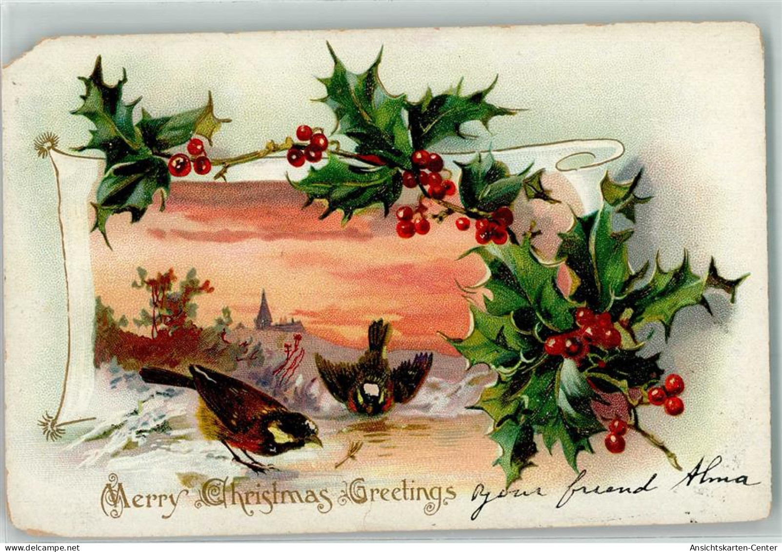 39170911 - Raphael Tuck Holly Postcards  Merry Christmas  Voegel Stechpalme Lithographie AK - Autres & Non Classés