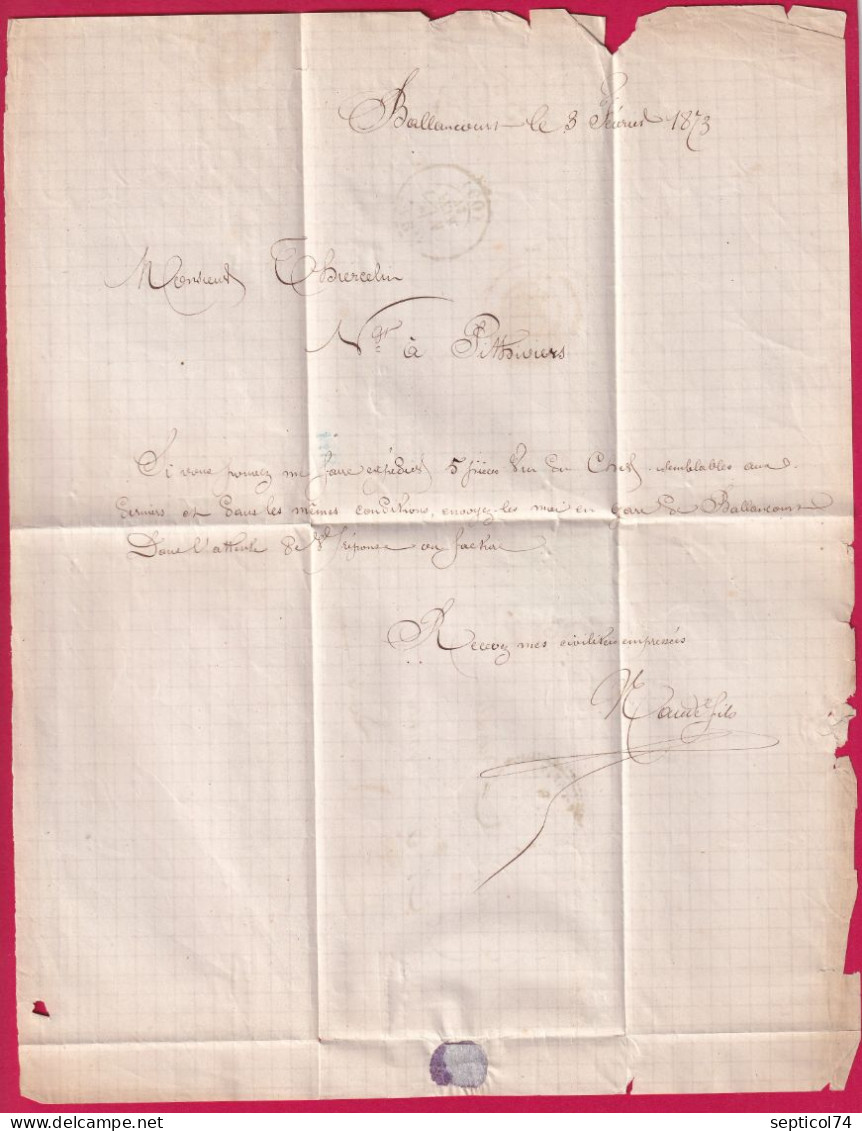 N°60 VERT LE PETIT SEINE ET OISE CAD TYPE 24 BOITE RURALE A BALLANCOURT POUR PITHIVIERS LOIRET 1873 LETTRE - 1849-1876: Période Classique