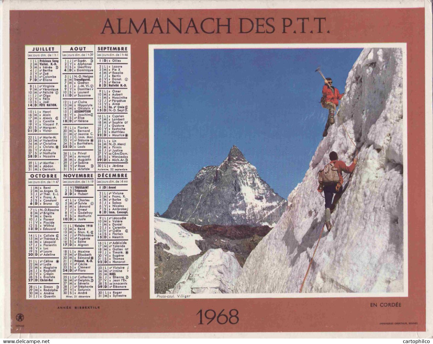 Calendrier France 1968 Vogue Ardeche En Cordee Alpinisme - Big : 1961-70