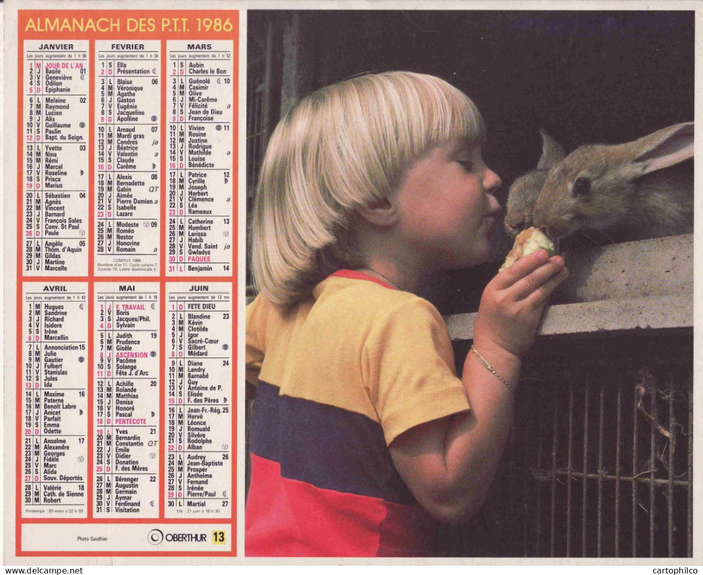 Calendrier France 1986 Enfant Lapins Pigeon - Formato Grande : 1981-90