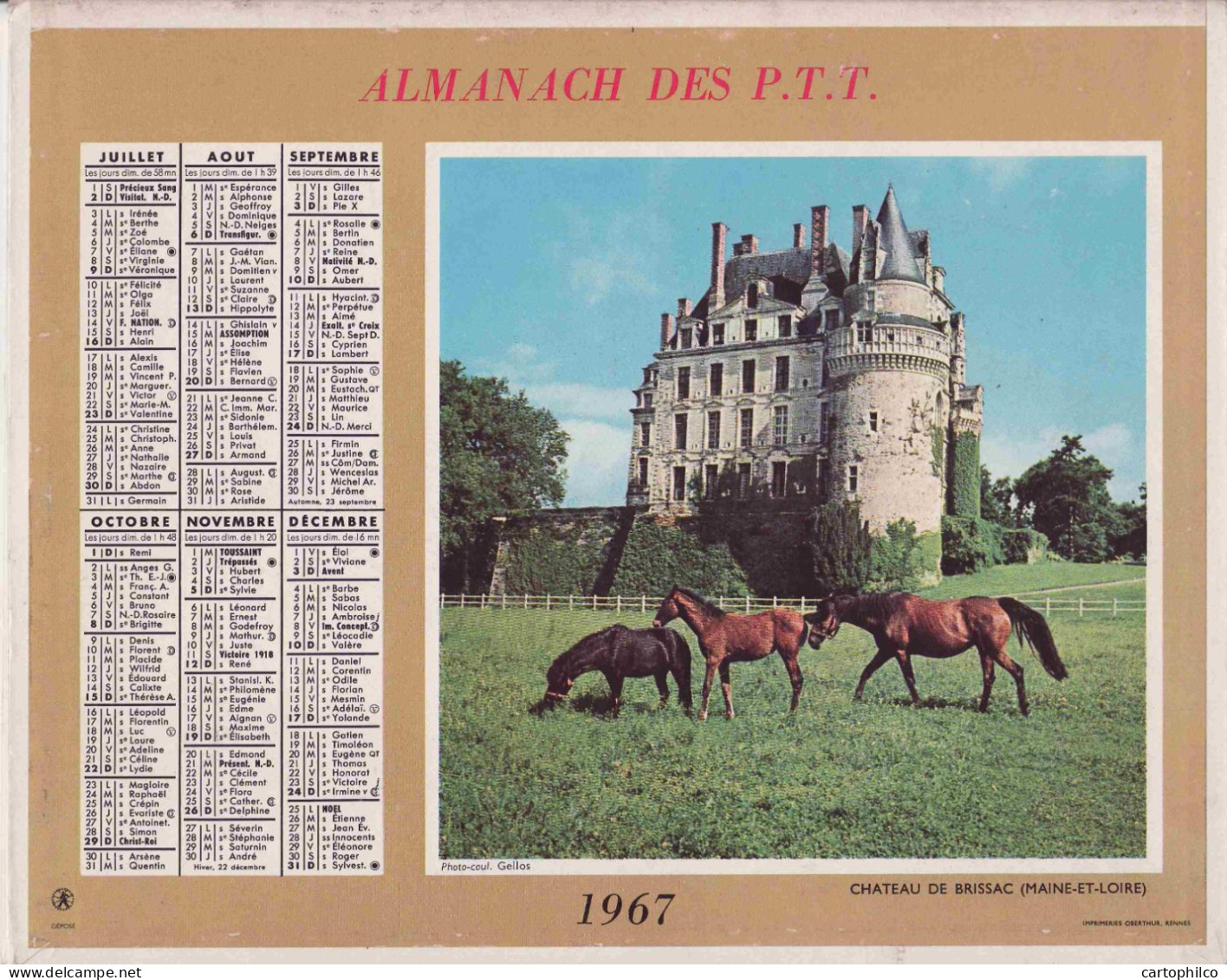 Calendrier France 1967 Chenonceaux Indre Et Loire Château De Brissac Maine Et Loire Chevaux Cheval - Grossformat : 1961-70