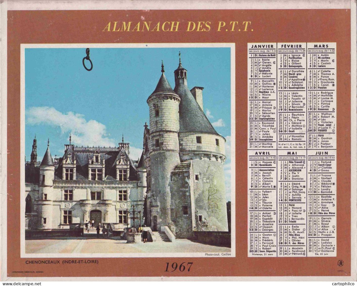 Calendrier France 1967 Chenonceaux Indre Et Loire Château De Brissac Maine Et Loire Chevaux Cheval - Big : 1961-70