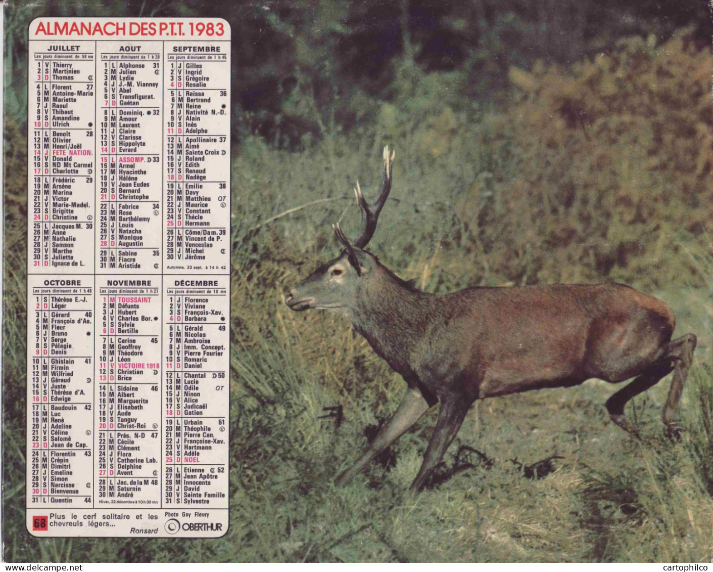 Calendrier France 1983 Cerf Solitaire Grands Bois - Formato Grande : 1981-90