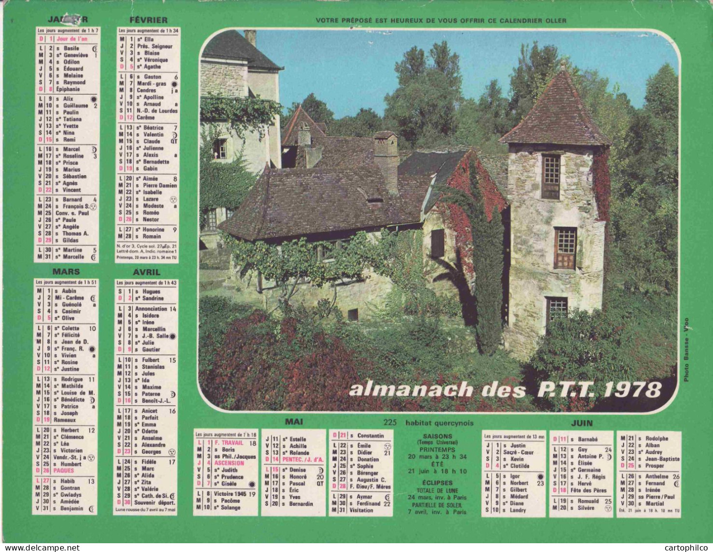 'Calendrier France 1978 Habitat Quercynois Quercy Lumiere D''ete' - Formato Grande : 1971-80