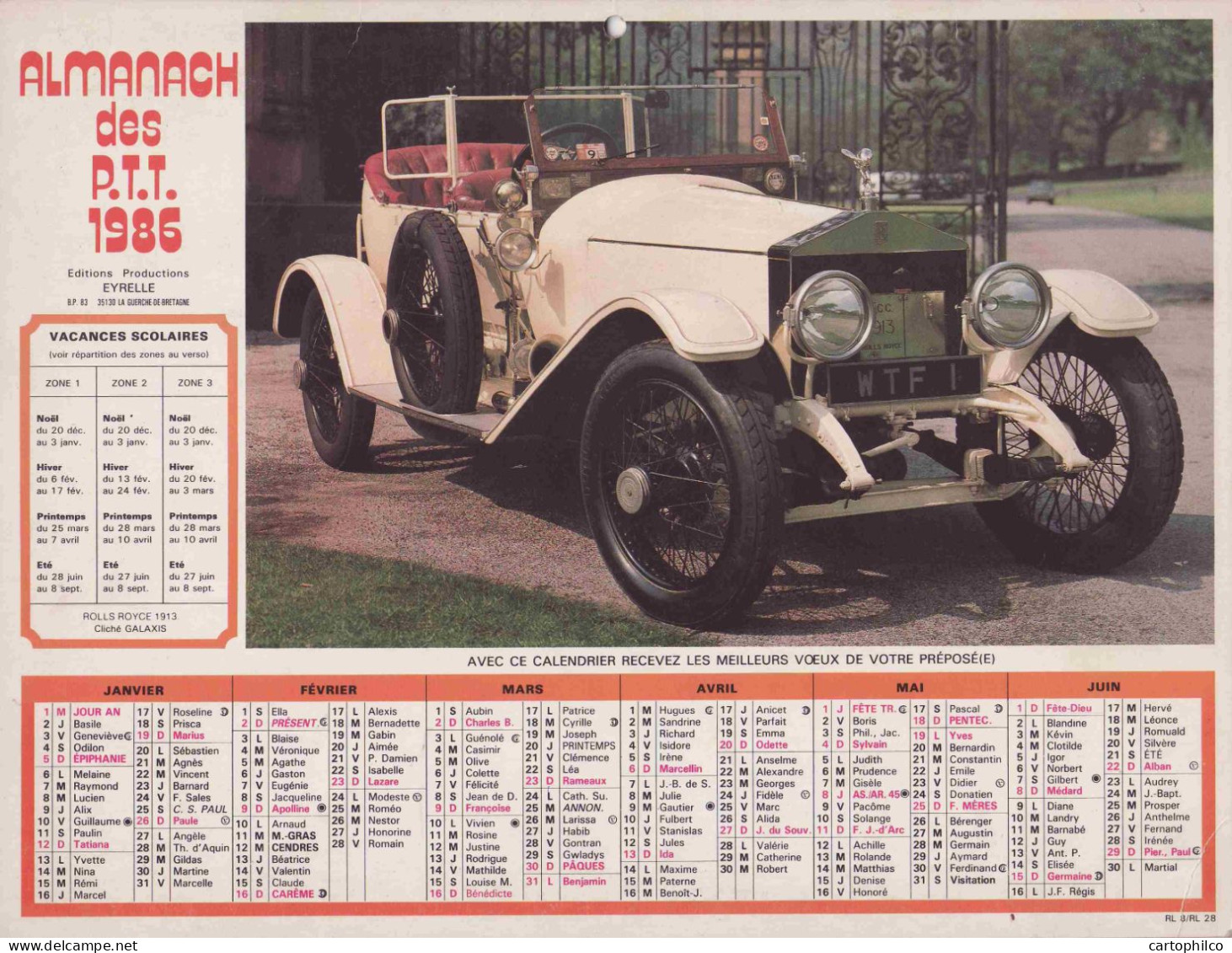 Calendrier France 1986 Corre 1901 Rolls Royce 1913 Automobile - Groot Formaat: 1981-90